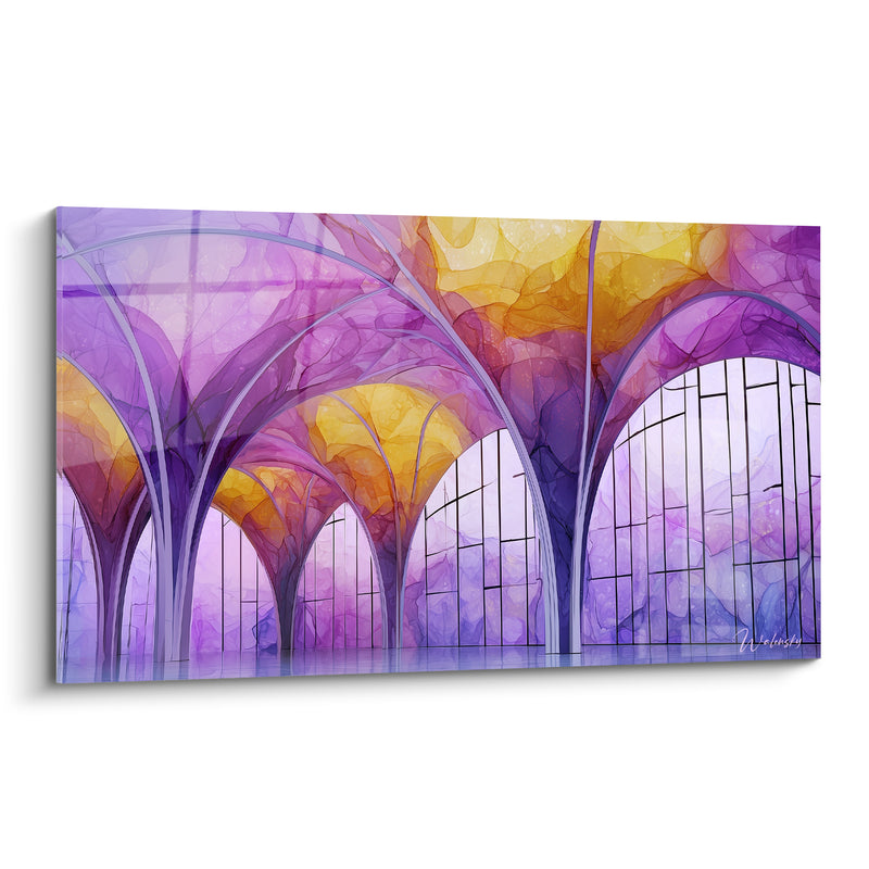 Tableau Voûtes gothiques violettes et dorées vitrées - Envol céleste - Edition Architecture abstrait