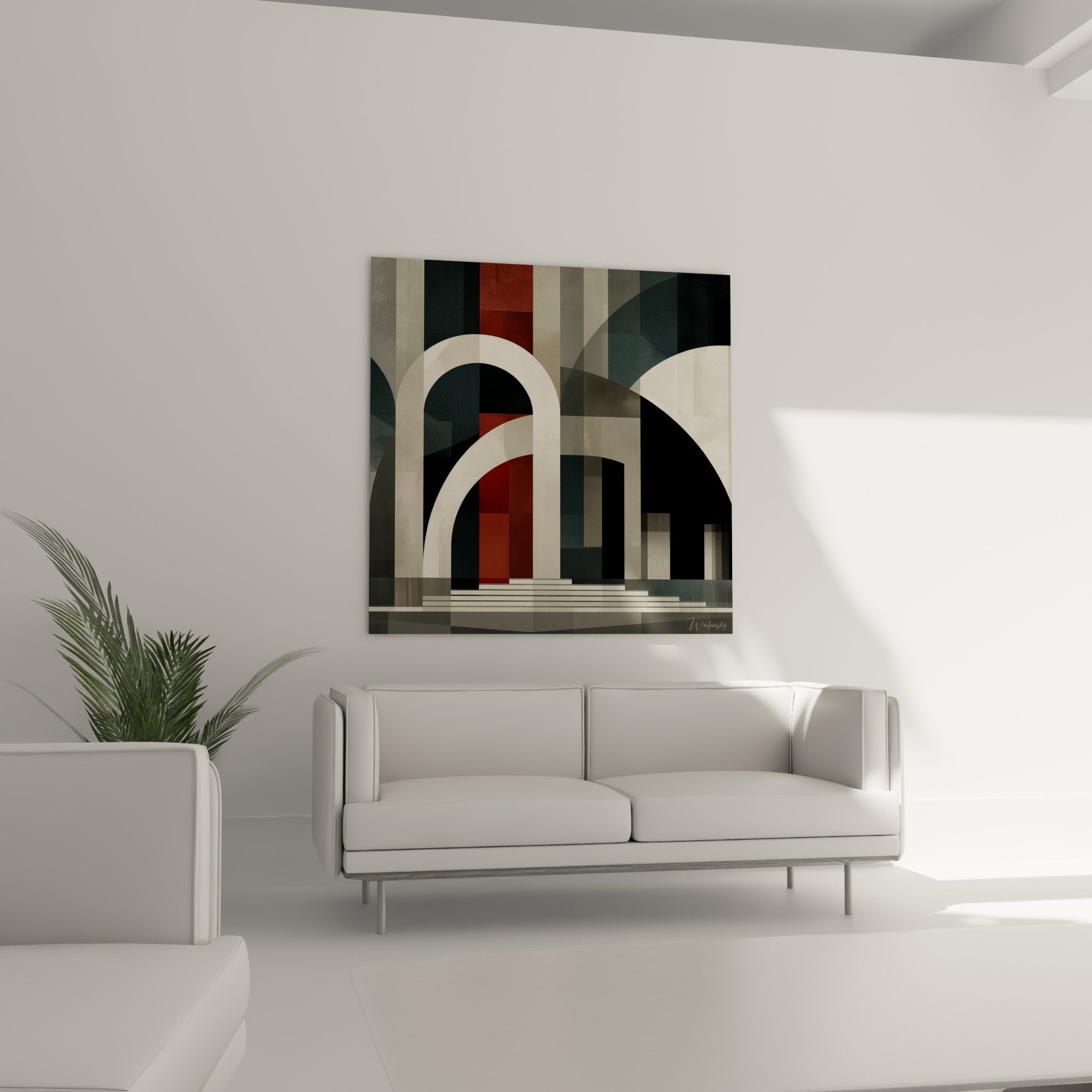 Structure géométrique anthracite et ivoire au-dessus d'un canapé dans un salon lumineux