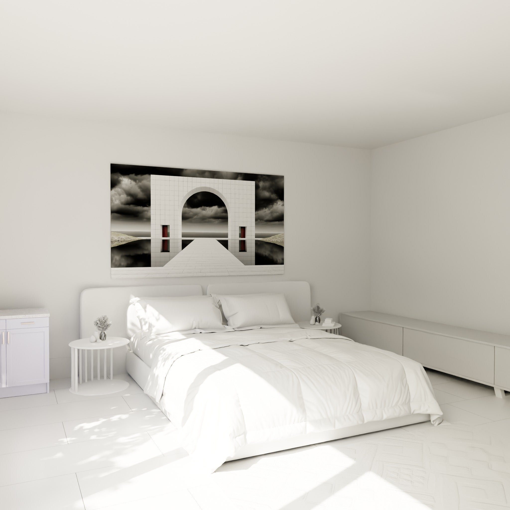 Arche architecture abstraite blanche aux touches bordeaux, accrochée au-dessus d'un lit dans une chambre claire