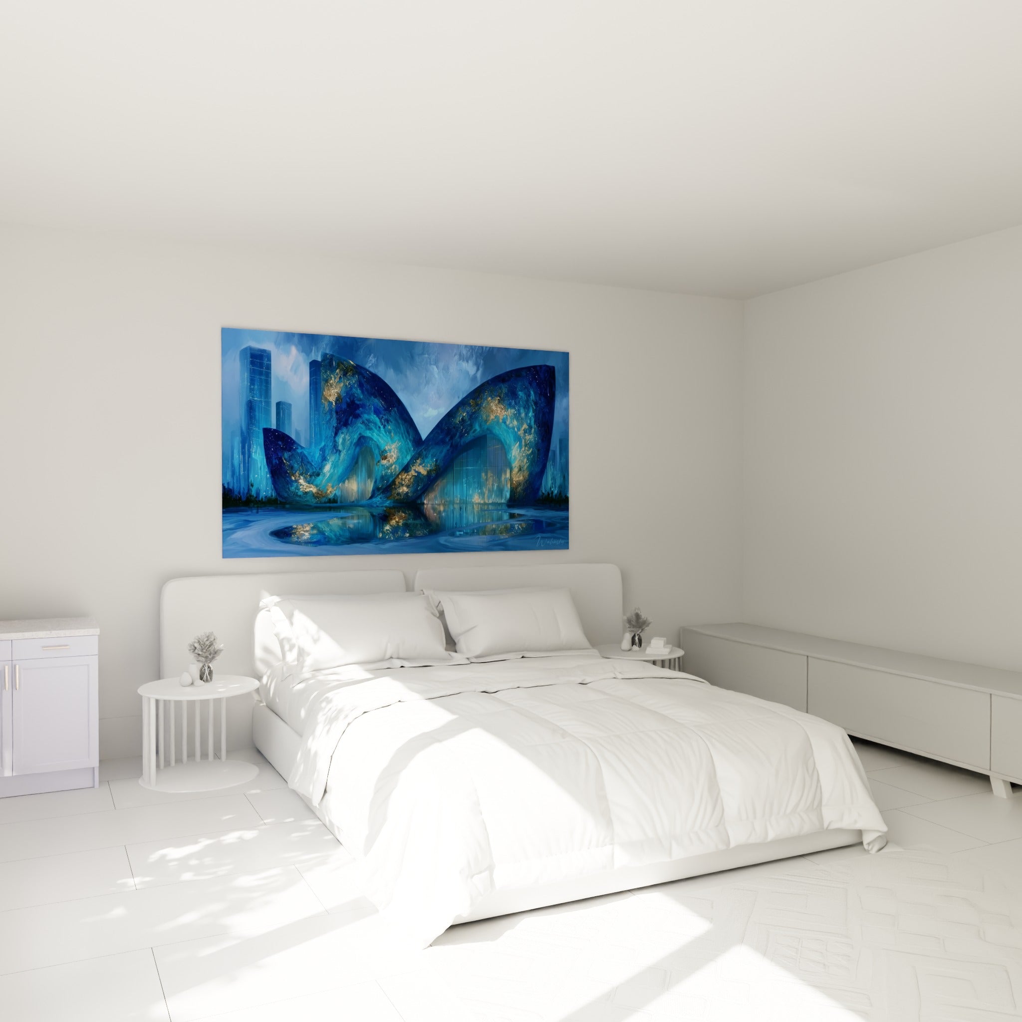 Arche futuriste bleu pétrole et or se dressant au-dessus d'un lit dans une chambre claire