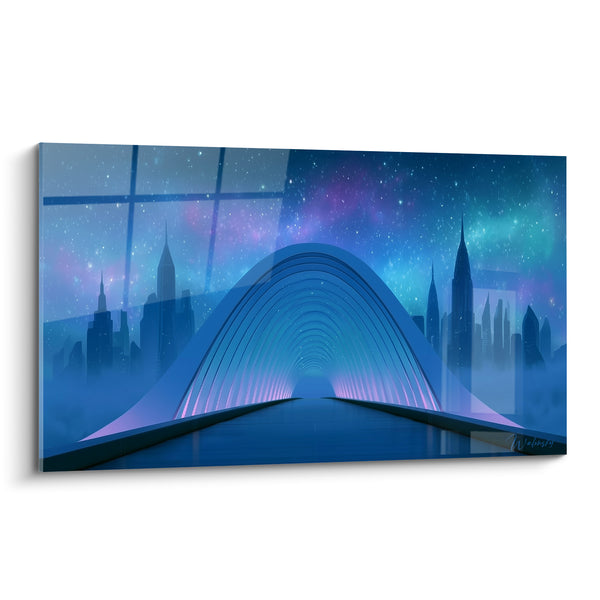Cuadro Pasarela arqueada azul y violeta futurista - Portal hacia el mañana - Edición Arquitectura abstracta