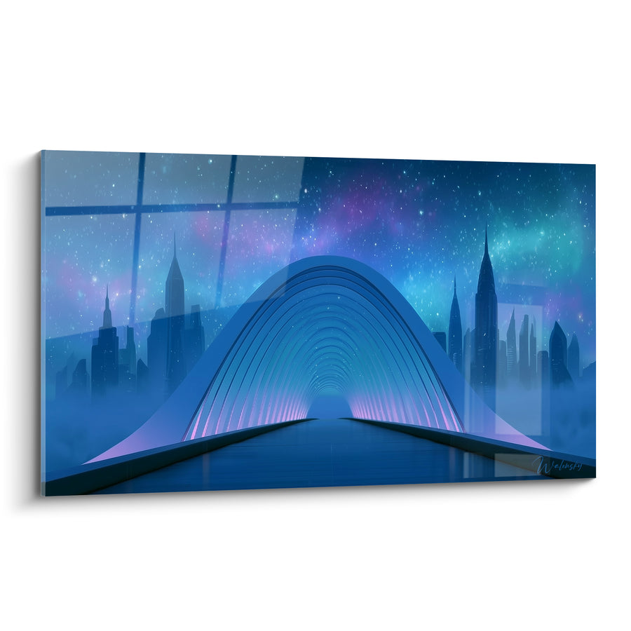 Tableau Passerelle arquée bleu et violet futuriste - Portail vers demain - Edition Architecture abstrait