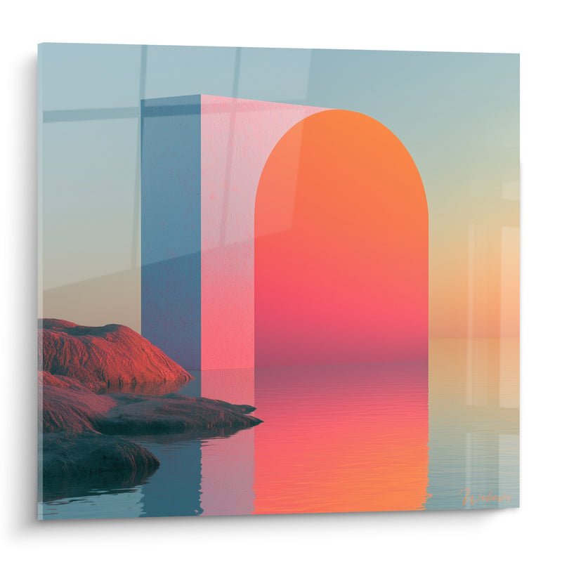 Gemälde Korallenbogen über blau-pastellfarbenem Meer – Schwebende Schwelle – Architektur Edition abstrakte Kunst