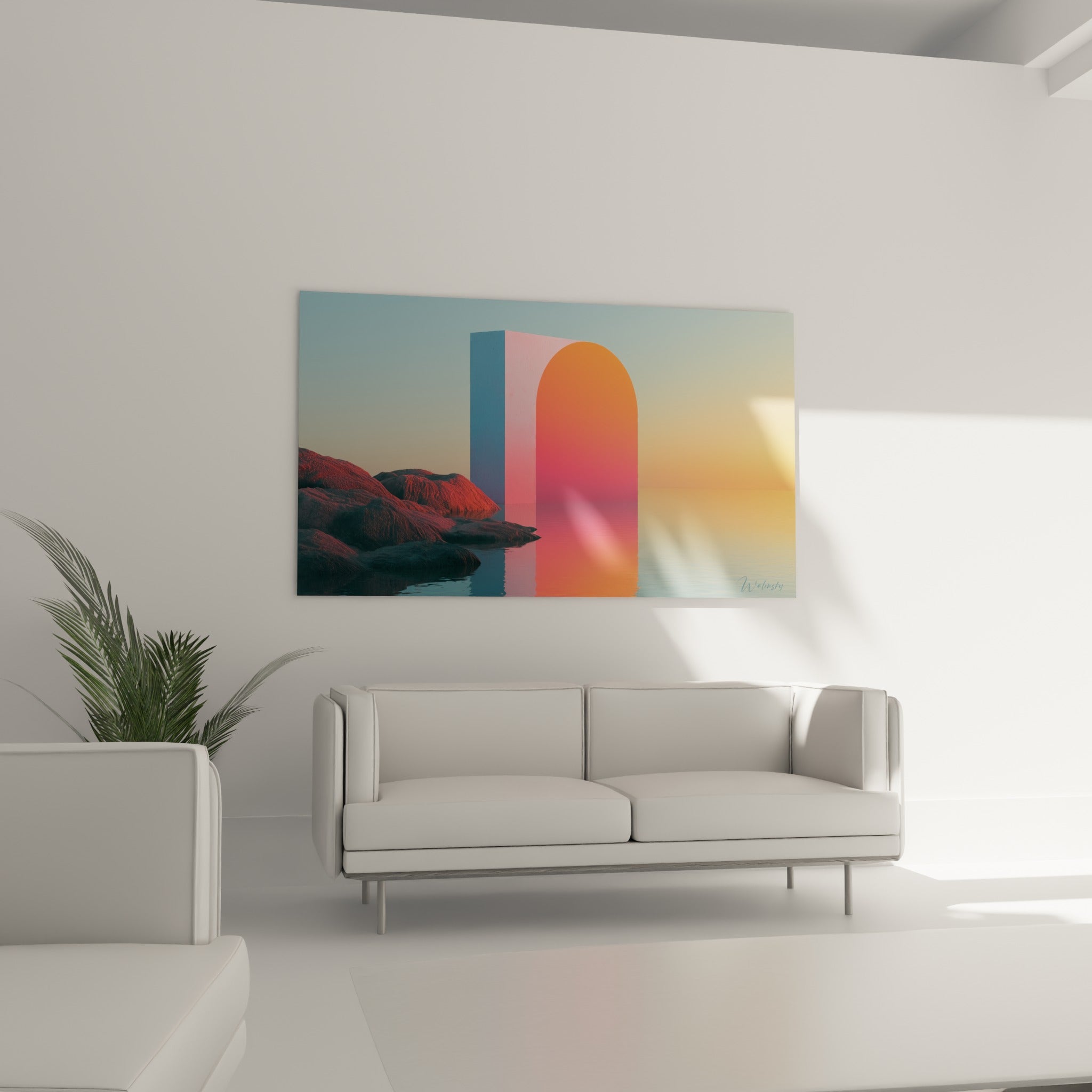 Structure abstraite rose et corail surplombant l'eau, au-dessus d'un canapé dans un salon lumineux
