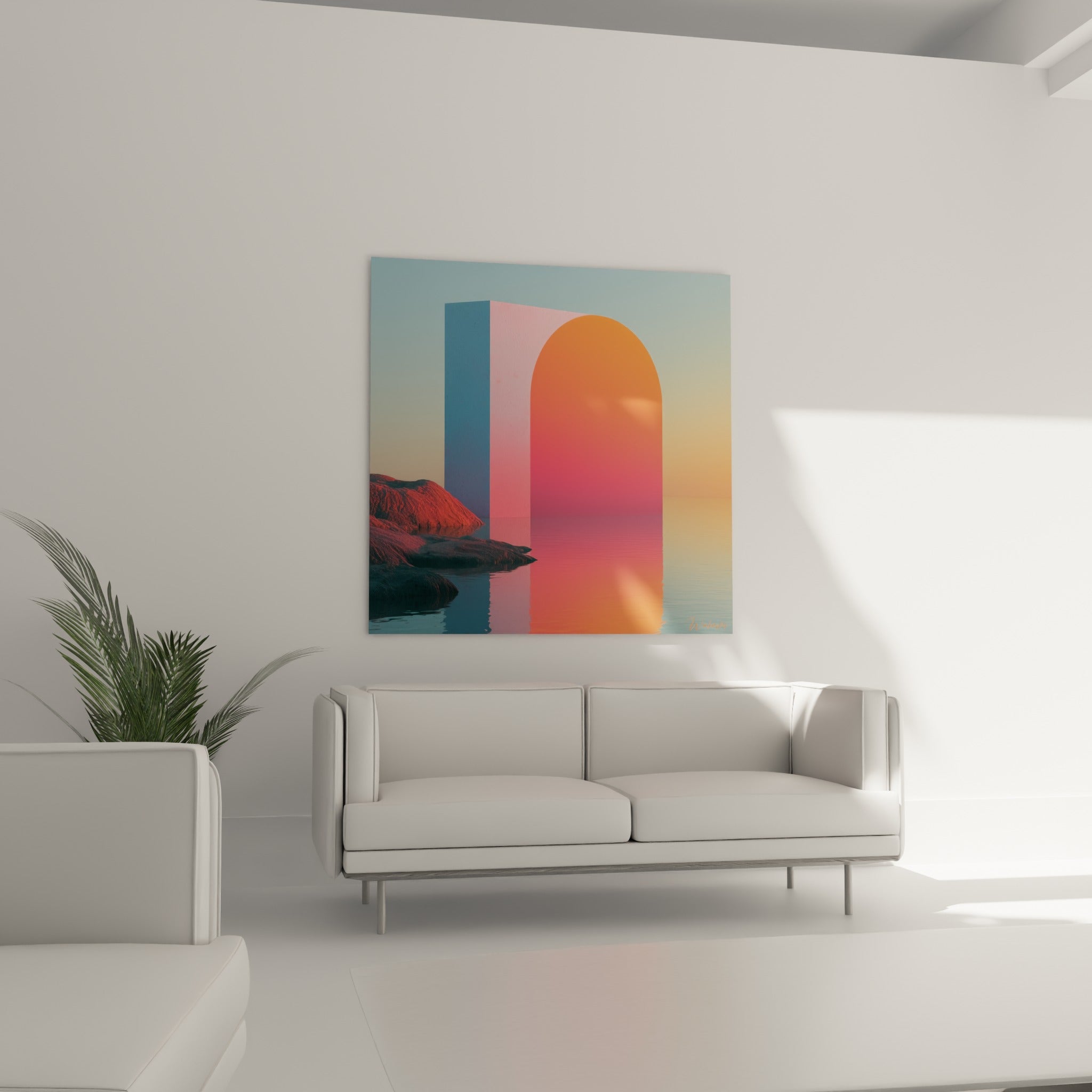 Arche lumineuse corail et bleu ardoise surplombant une mer calme, au-dessus d'un canapé dans un salon lumineux