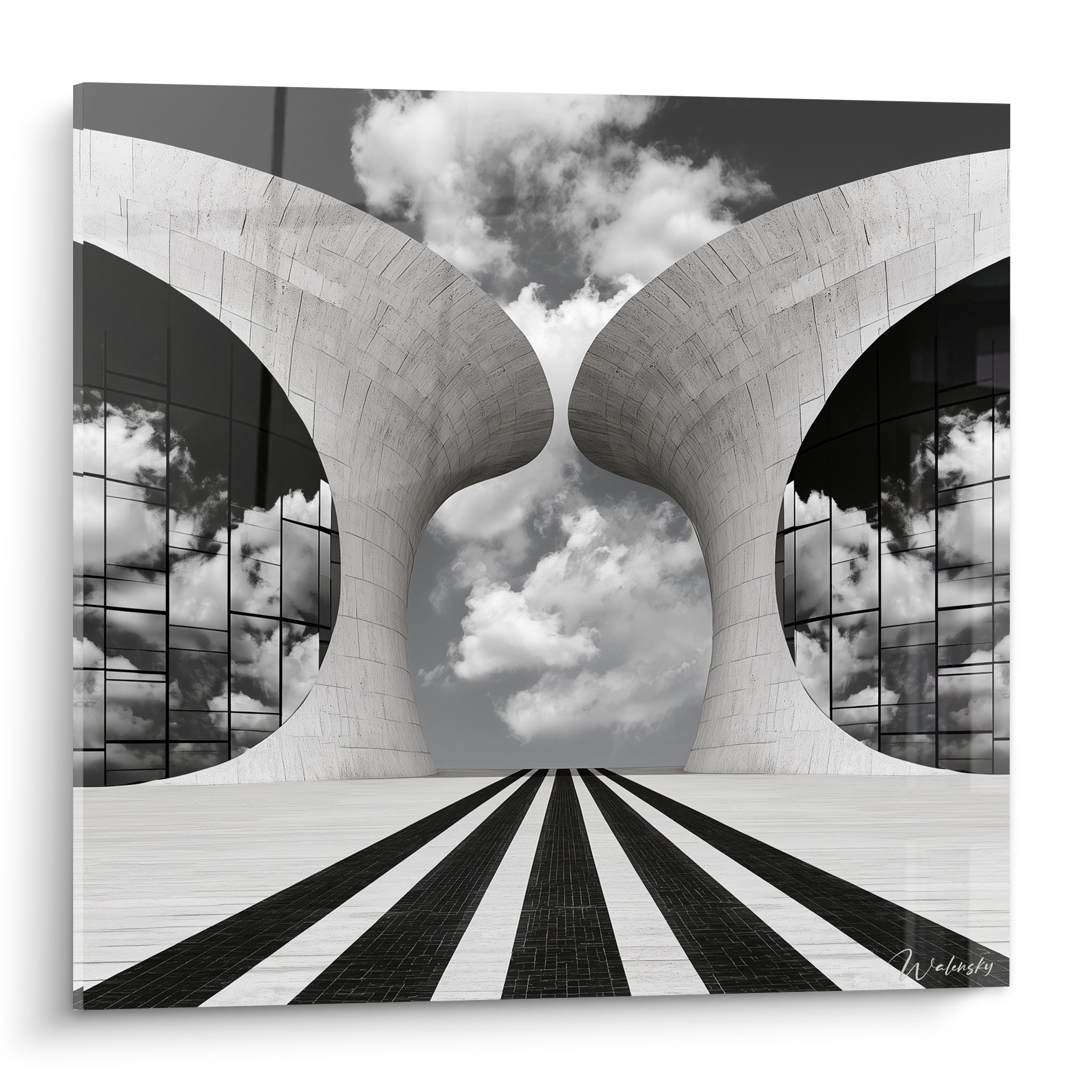 Arches blanches sculptées se rejoignant sous un ciel nuageux gris anthracite, style architecture abstraite