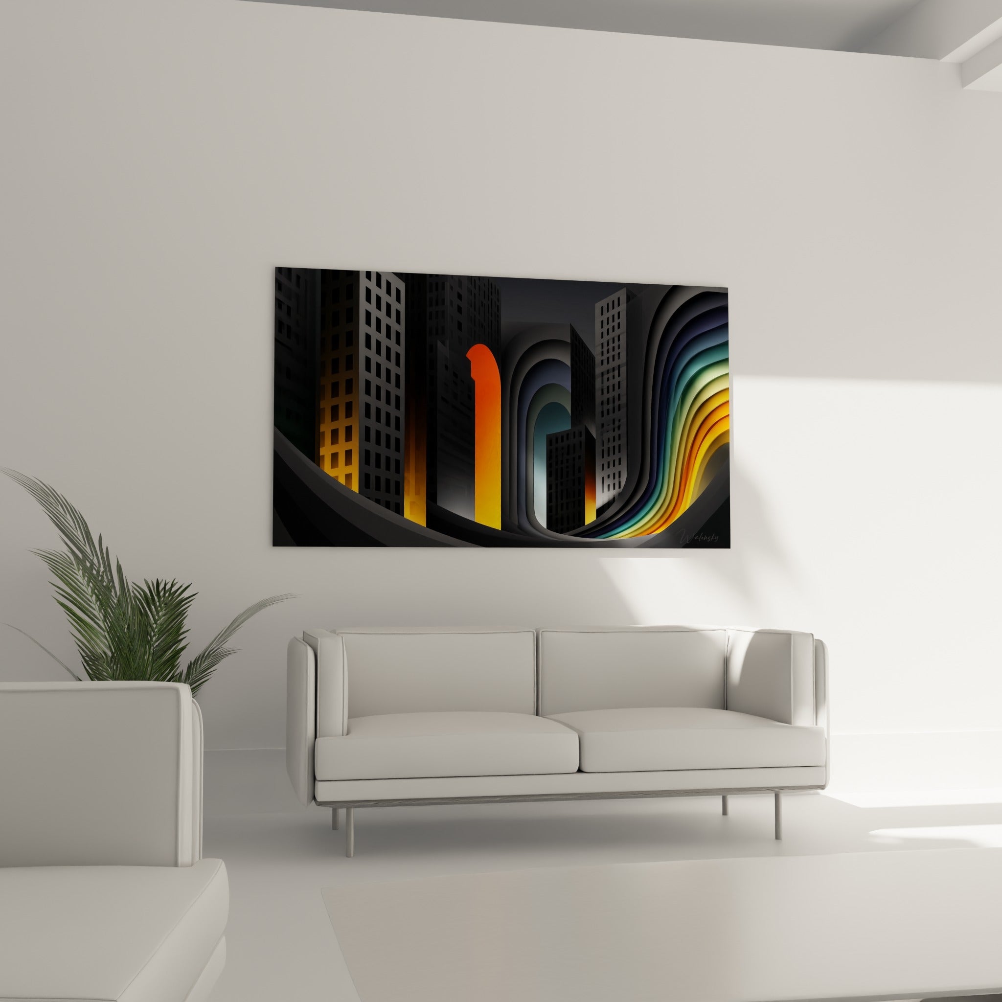 Skyline stylisée aux teintes dorées et anthracite accrochée au-dessus d'un canapé dans un salon lumineux