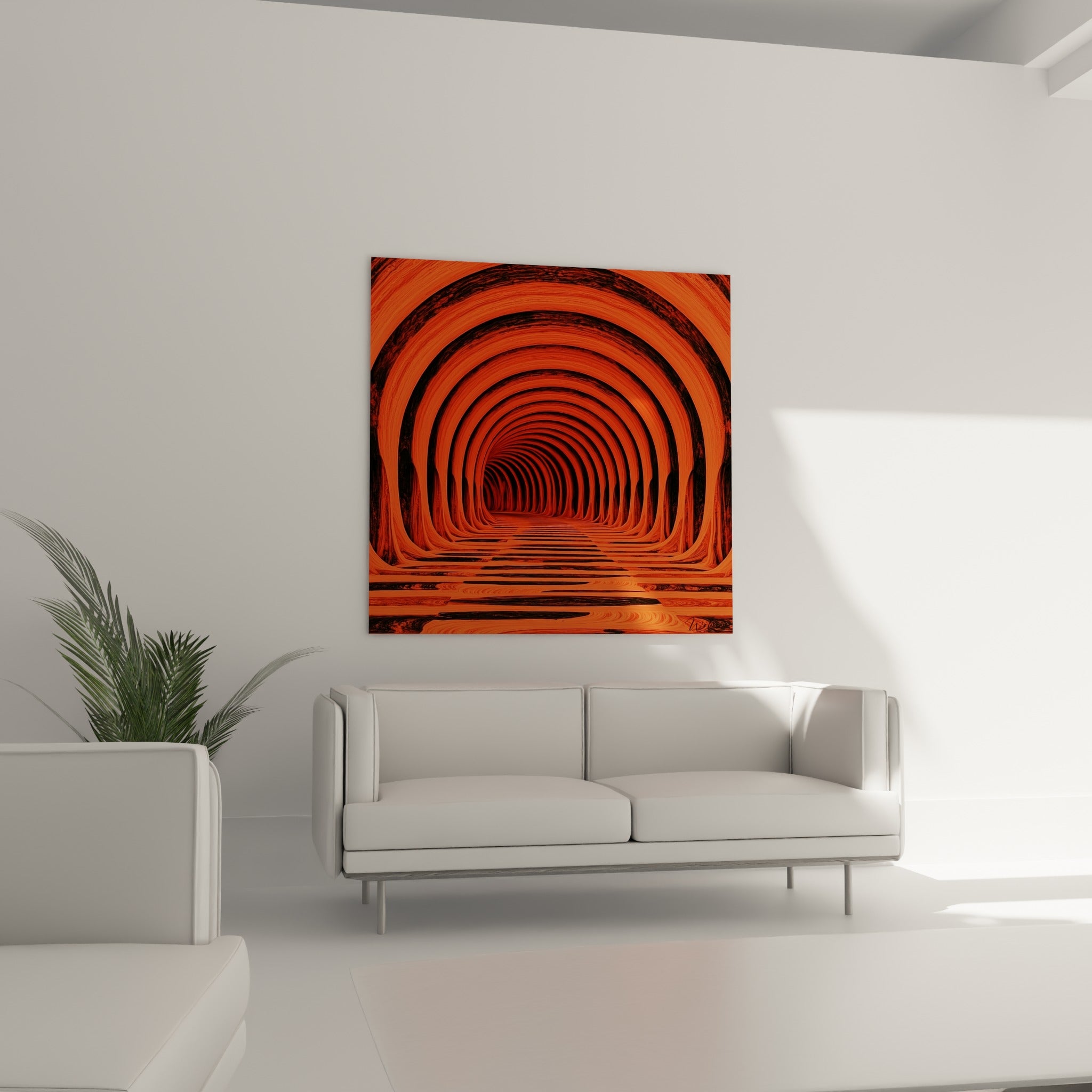 Voûtes concentriques ocre et anthracite disposées au-dessus d'un canapé dans un salon lumineux
