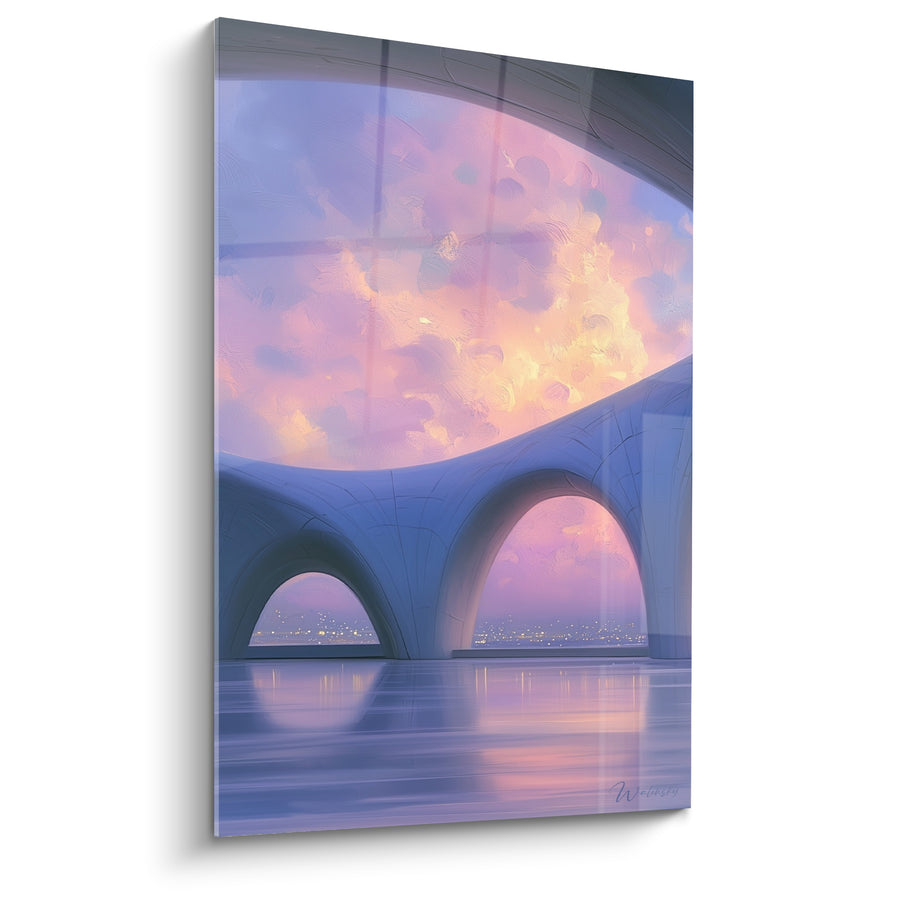 Tableau Arches monumentales aux tons violet et pêche - Ciel sous voûte - Edition Architecture abstrait