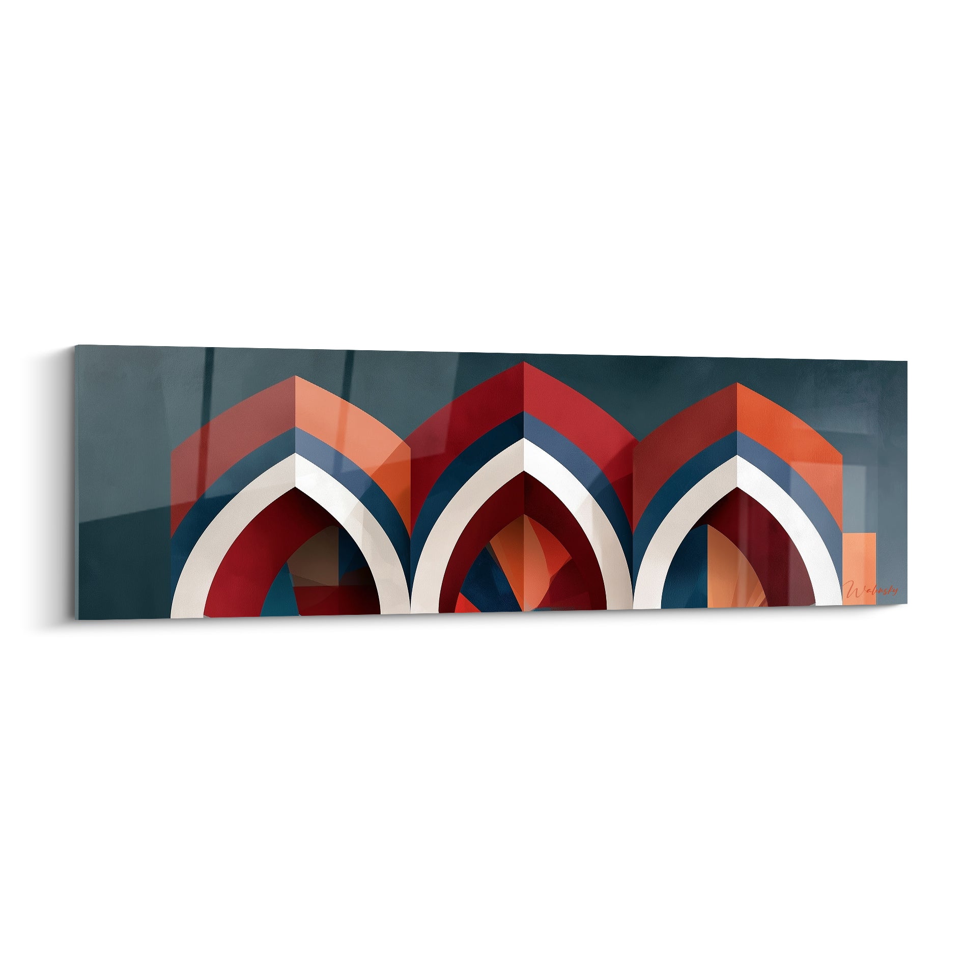Trois arches gothiques rouge cardinal et bleu marine se détachent sur fond ardoise sombre