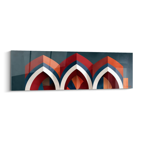 Trois arches gothiques rouge cardinal et bleu marine se détachent sur fond ardoise sombre