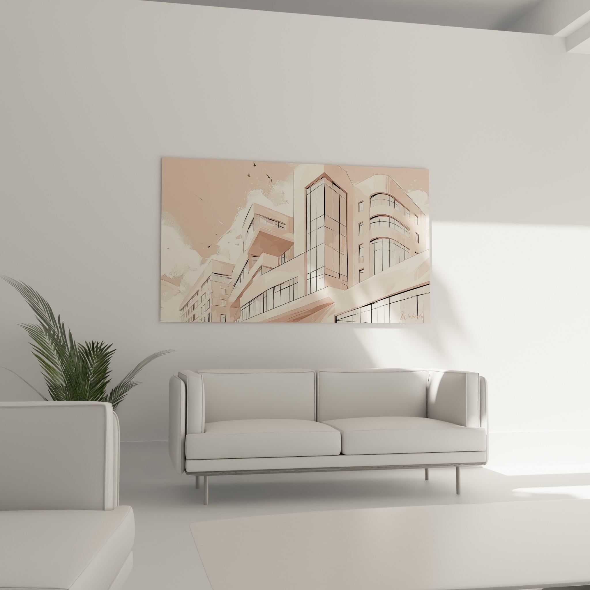 Immeuble beige et rose aux baies vitrées graphiques, disposé au-dessus d'un canapé dans un salon lumineux