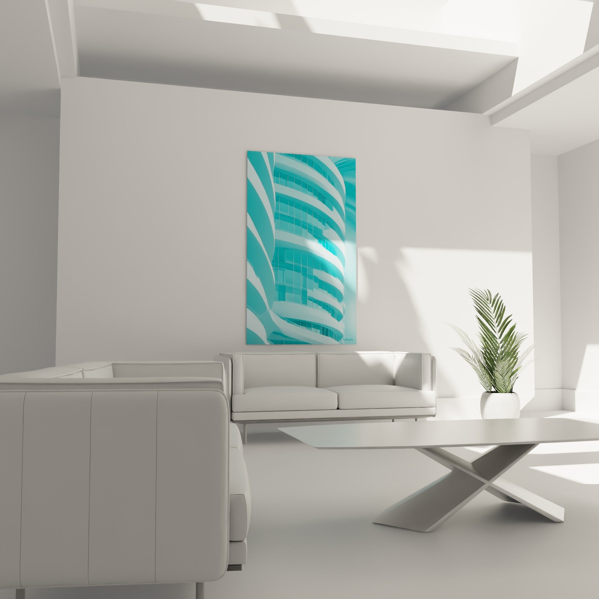 Courbes turquoise et reflets vitrés d'un immeuble, tableau architecture abstraite au-dessus d'un canapé dans un salon lumineux