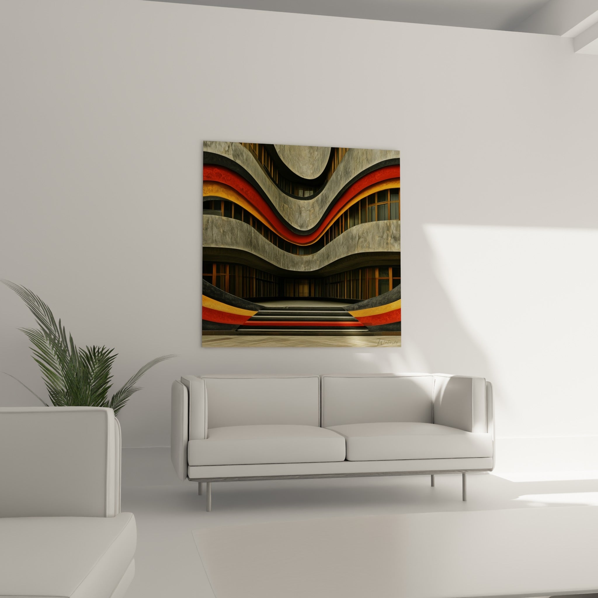 Bandes sinueuses anthracite et ocre, tableau architecture abstraite au-dessus d'un canapé dans un salon lumineux