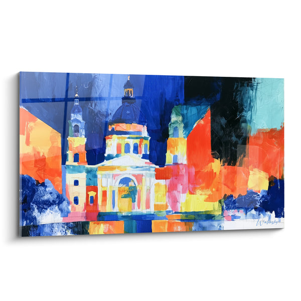 Cuadro Basílica azul marino y naranja brillante - Fervor solar - Edición Arquitectura abstracta