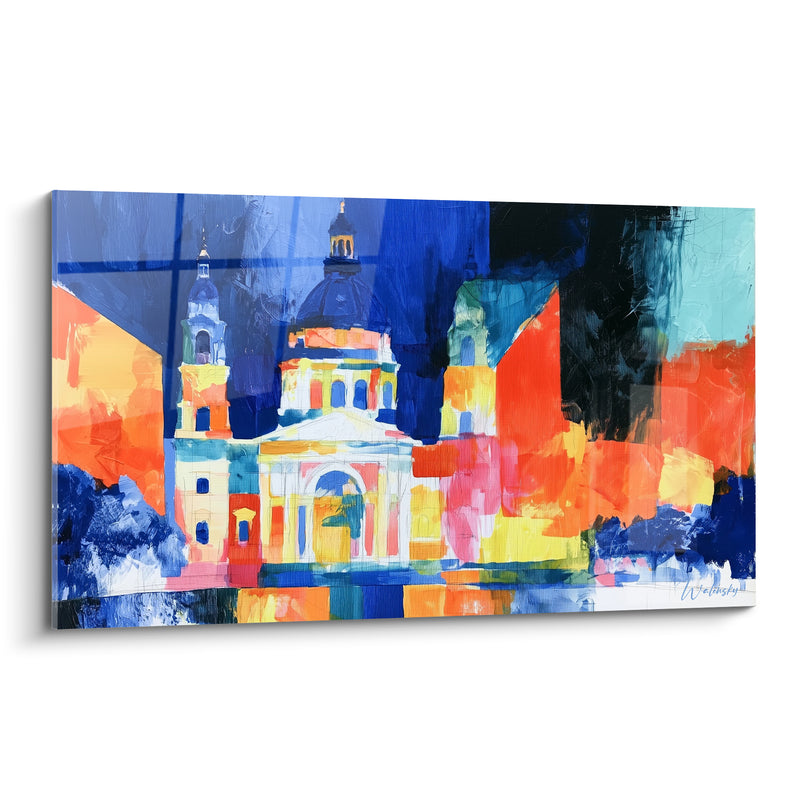 Tableau Basilique bleu marine et orange vif - Ferveur solaire - Edition Architecture abstrait