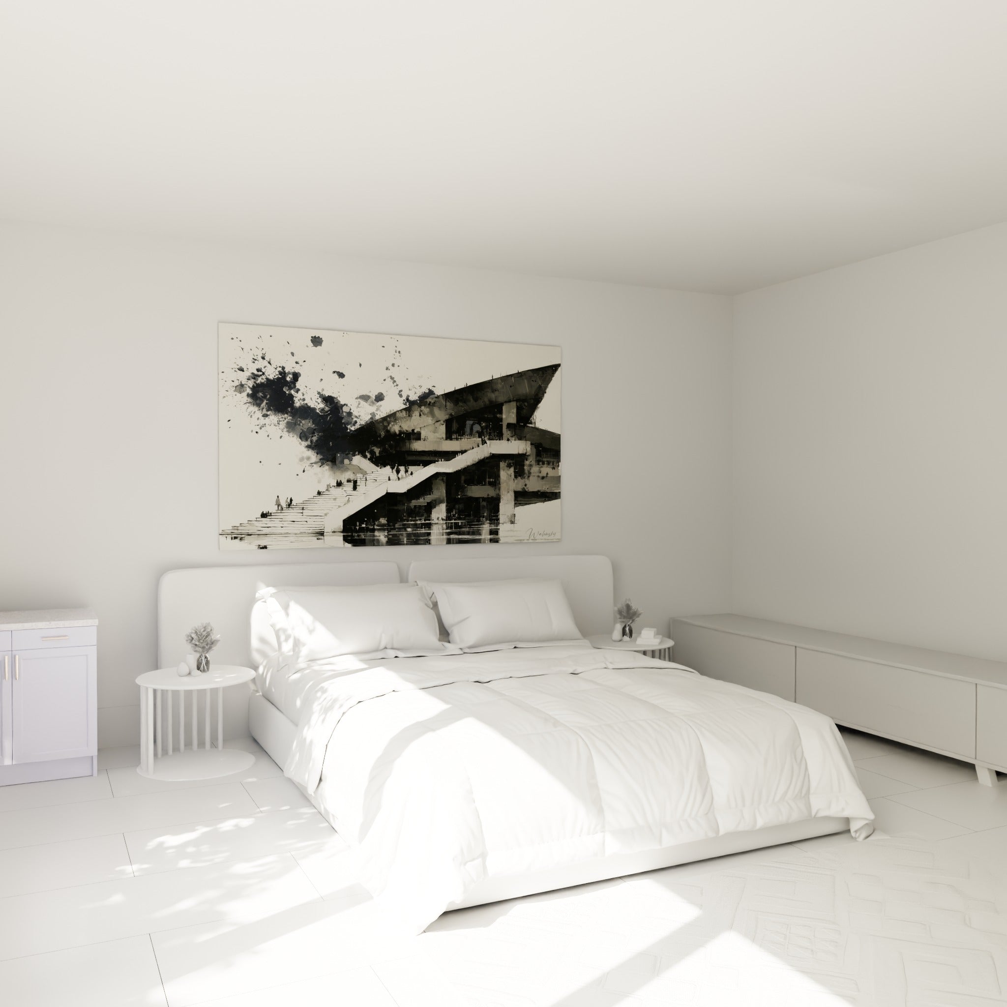 Bâtiment aux lignes anthracite et beige clair, tableau architecture abstraite au-dessus d'un lit dans une chambre claire