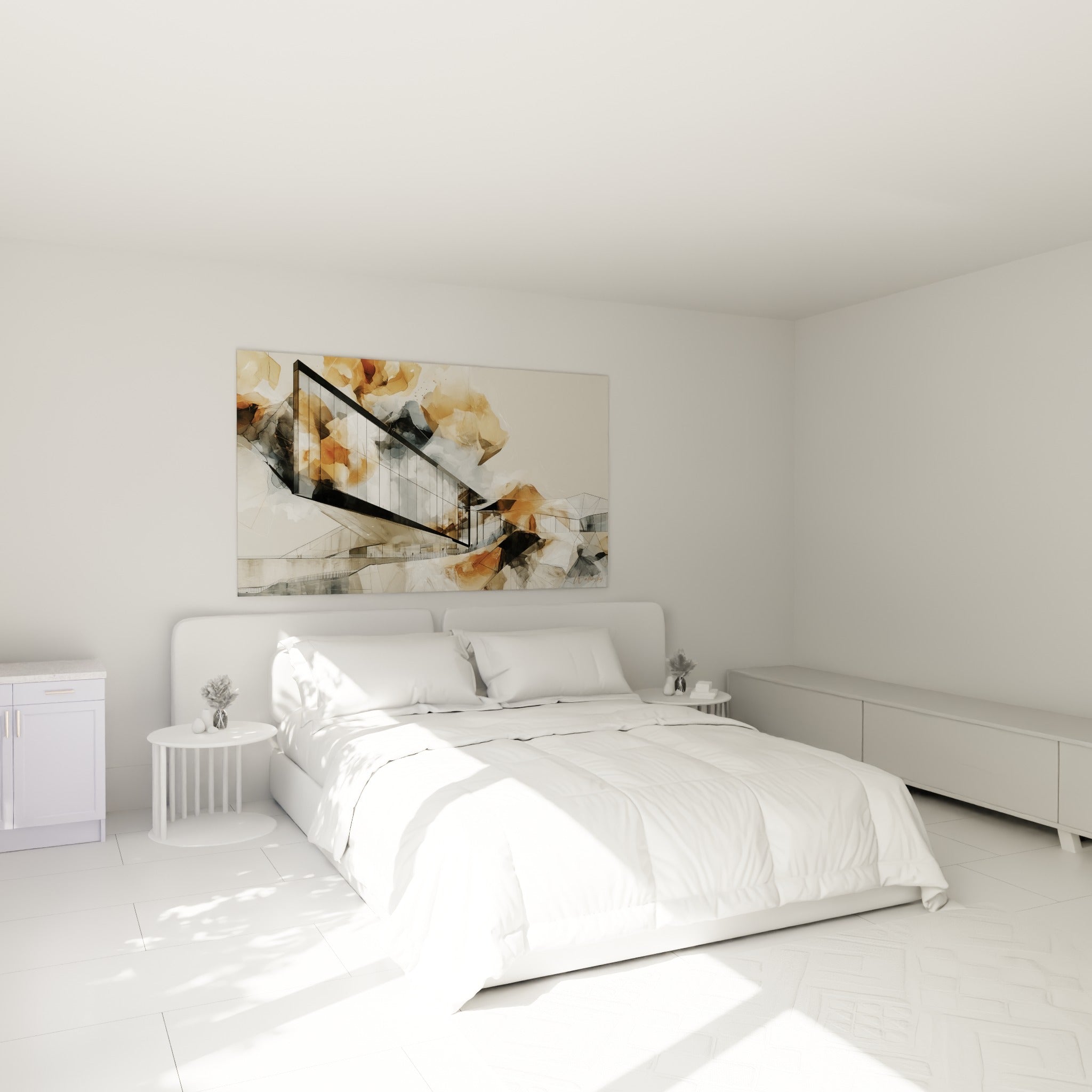 Structure de verre ocre et anthracite en diagonale, tableau architecture abstraite au-dessus d'un lit dans une chambre claire