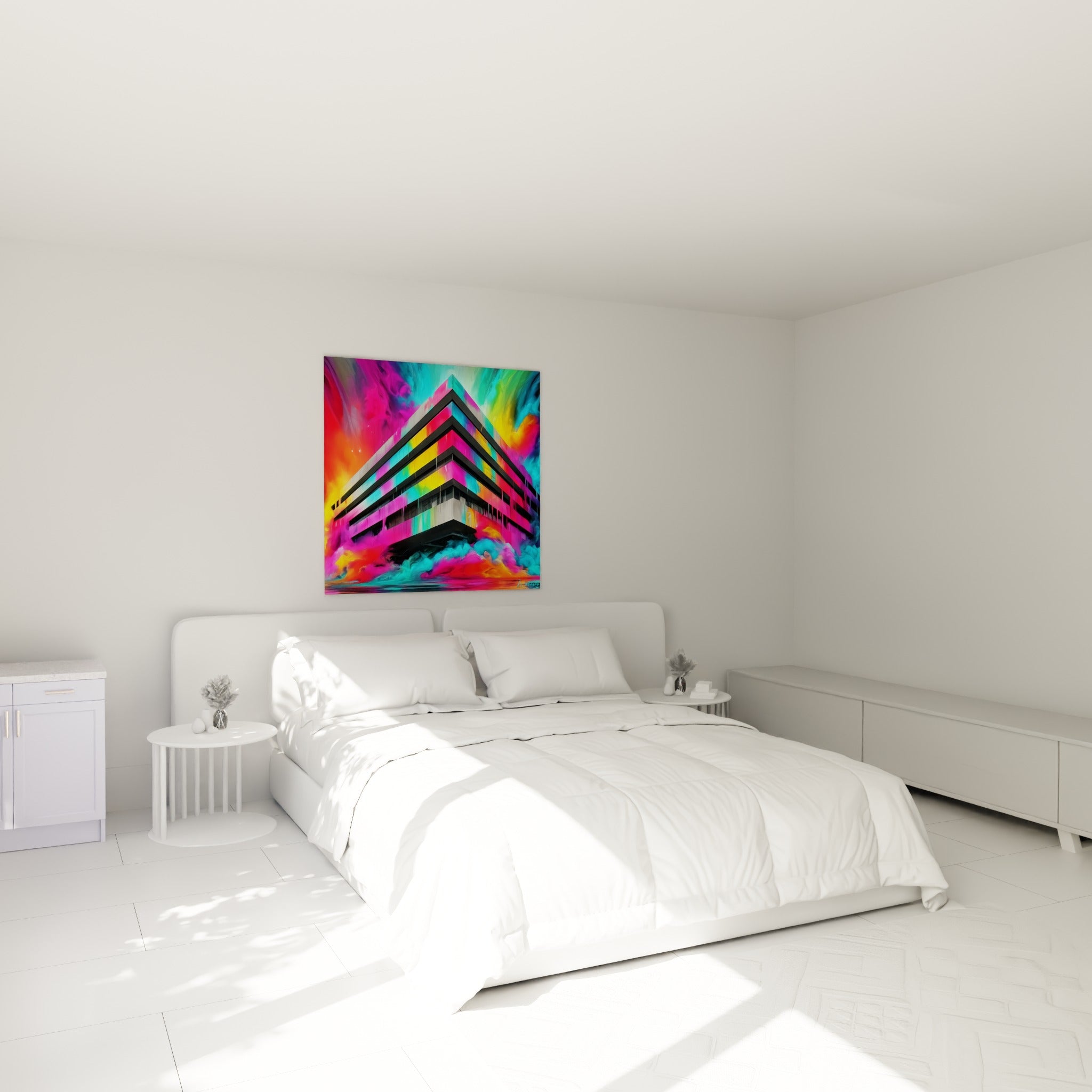 Bâtiment anthracite et magenta traversé de coulures turquoise, au-dessus d'un lit dans une chambre claire