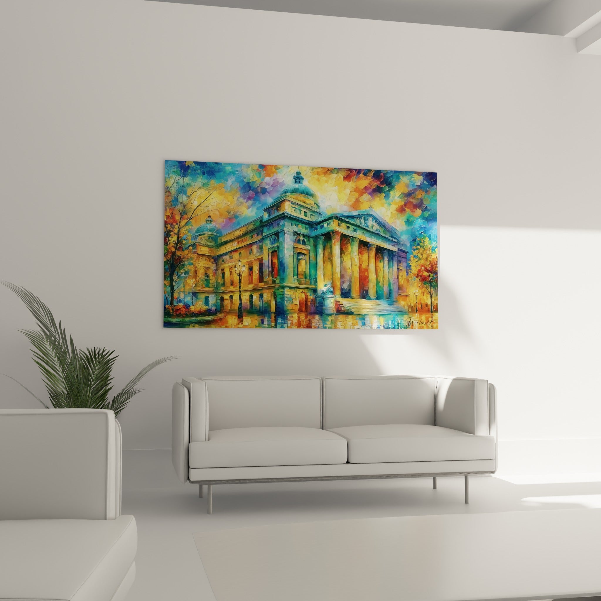 Architecture classique ocre et émeraude illuminée au-dessus d'un canapé dans un salon lumineux