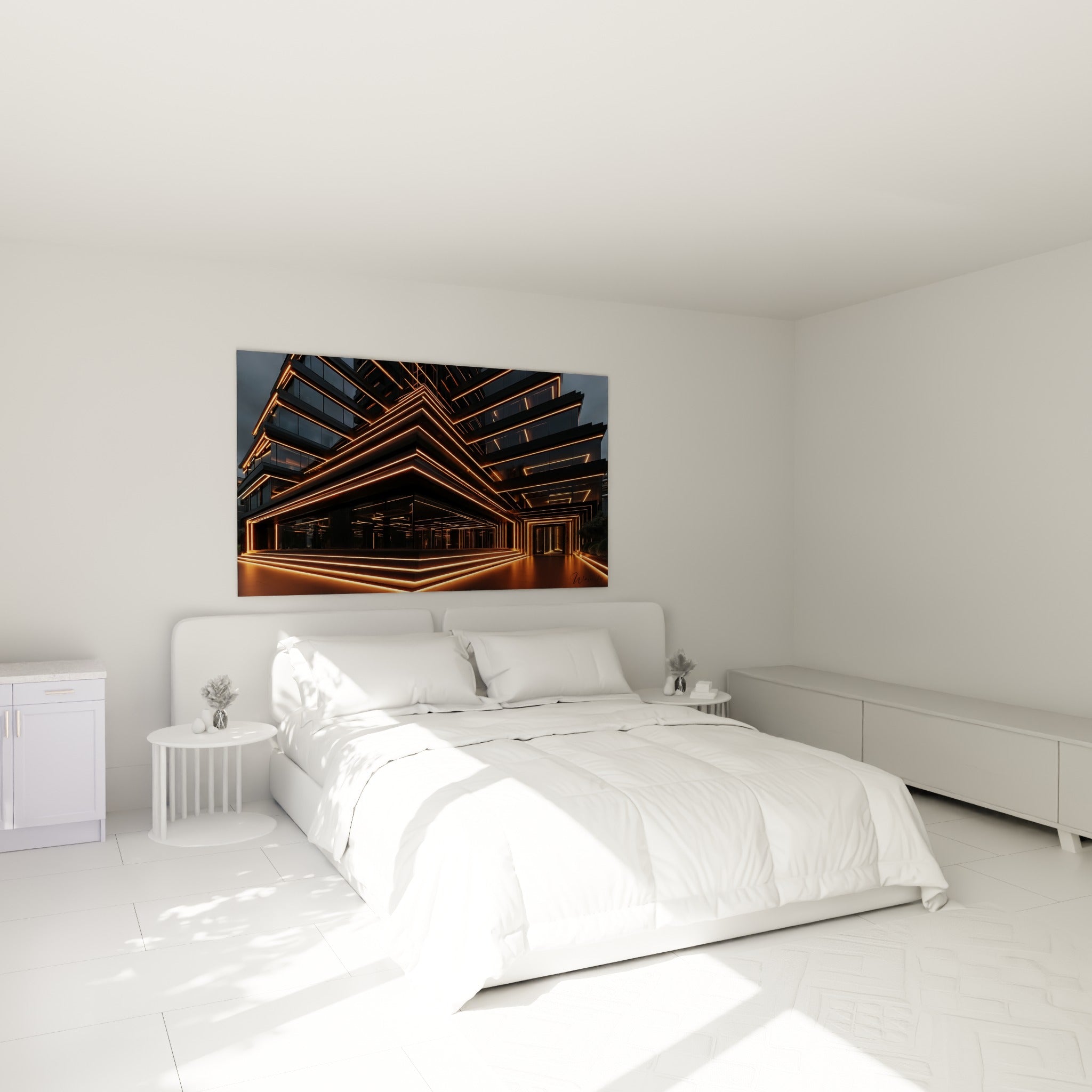 Façade dorée et noire d'un édifice futuriste, accrochée au-dessus d'un lit dans une chambre claire