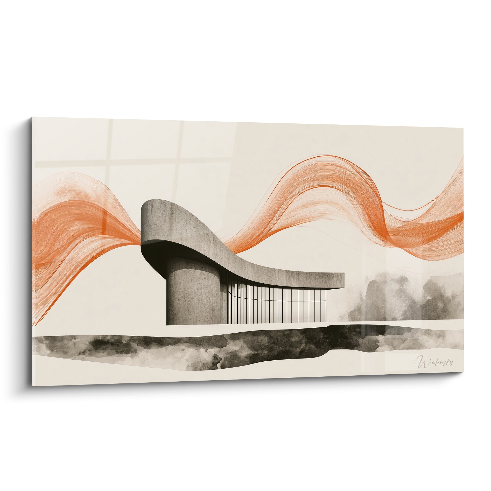 Bâtiment gris courbe traversé par des volutes orange sur fond crème, style architecture abstraite