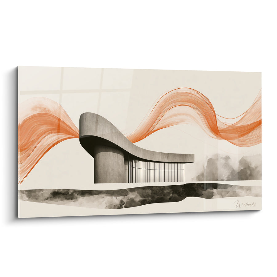 Tableau Bâtiment courbe gris et traînée orange - Souffle sculptural - Edition Architecture abstrait