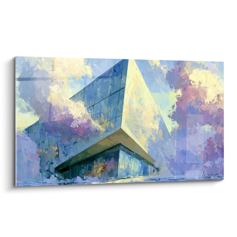 Gemälde Eckiges Gebäude gelb und blau verträumt - Urbane Träumerei - Architektur Edition abstrakte Kunst