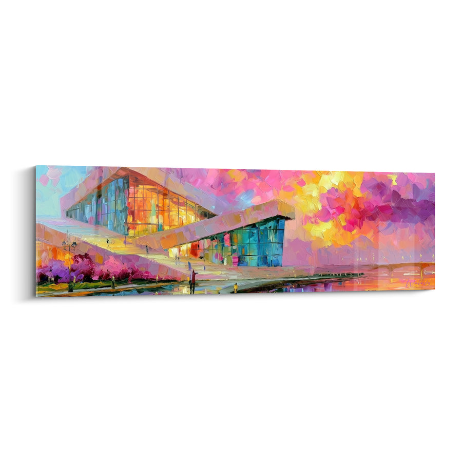Tableau Bâtiment moderne aux façades roses et dorées - Lueurs du crépuscule - Edition Architecture abstrait