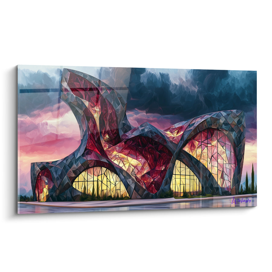Gemälde Futuristische Gebäude rot und blau nächtlich - Monumentales Erwachen - Architektur Edition Abstrakt