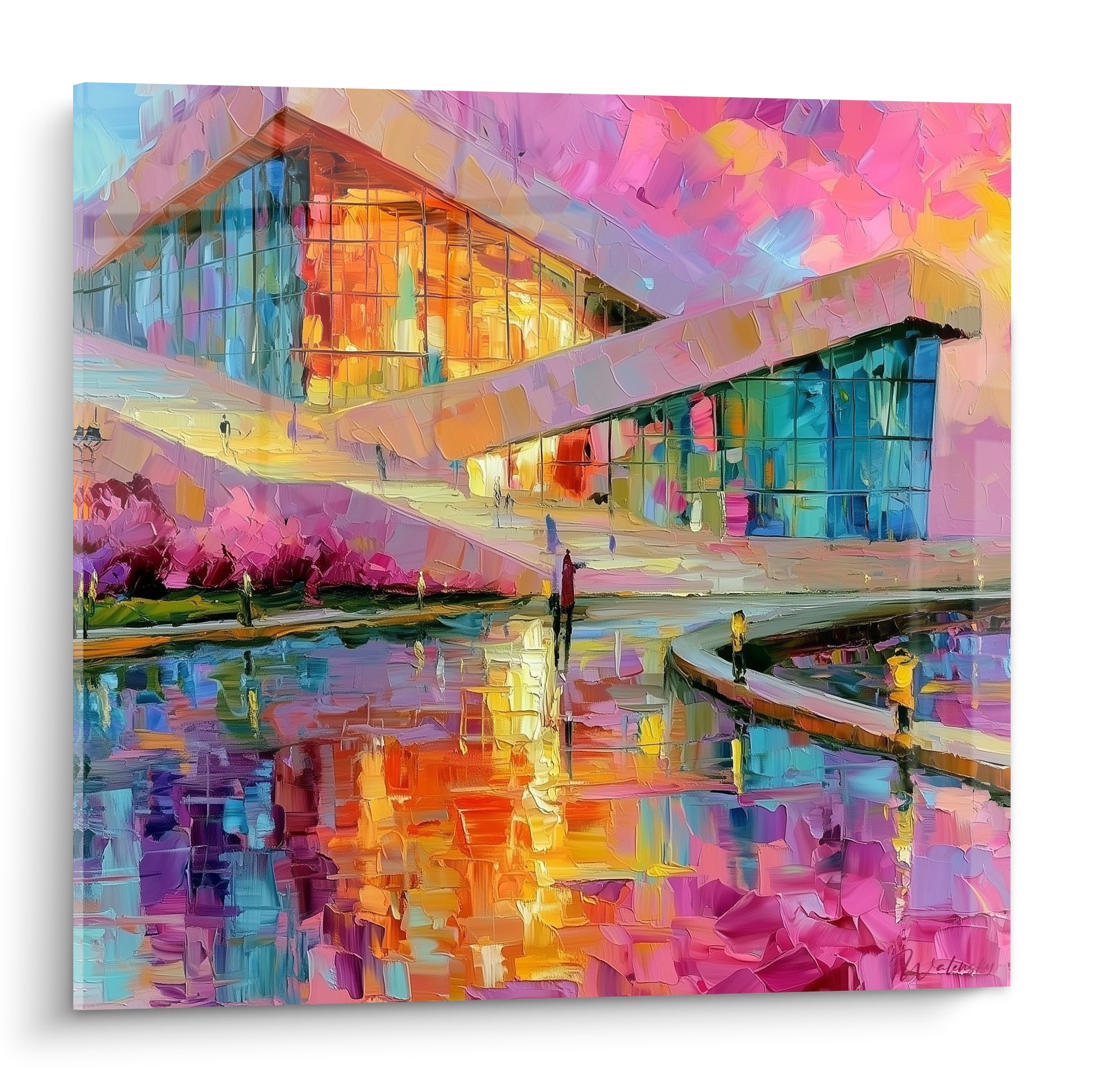 Bâtiment de verre rose, orange et turquoise reflété dans l'eau, technique au couteau vibrante