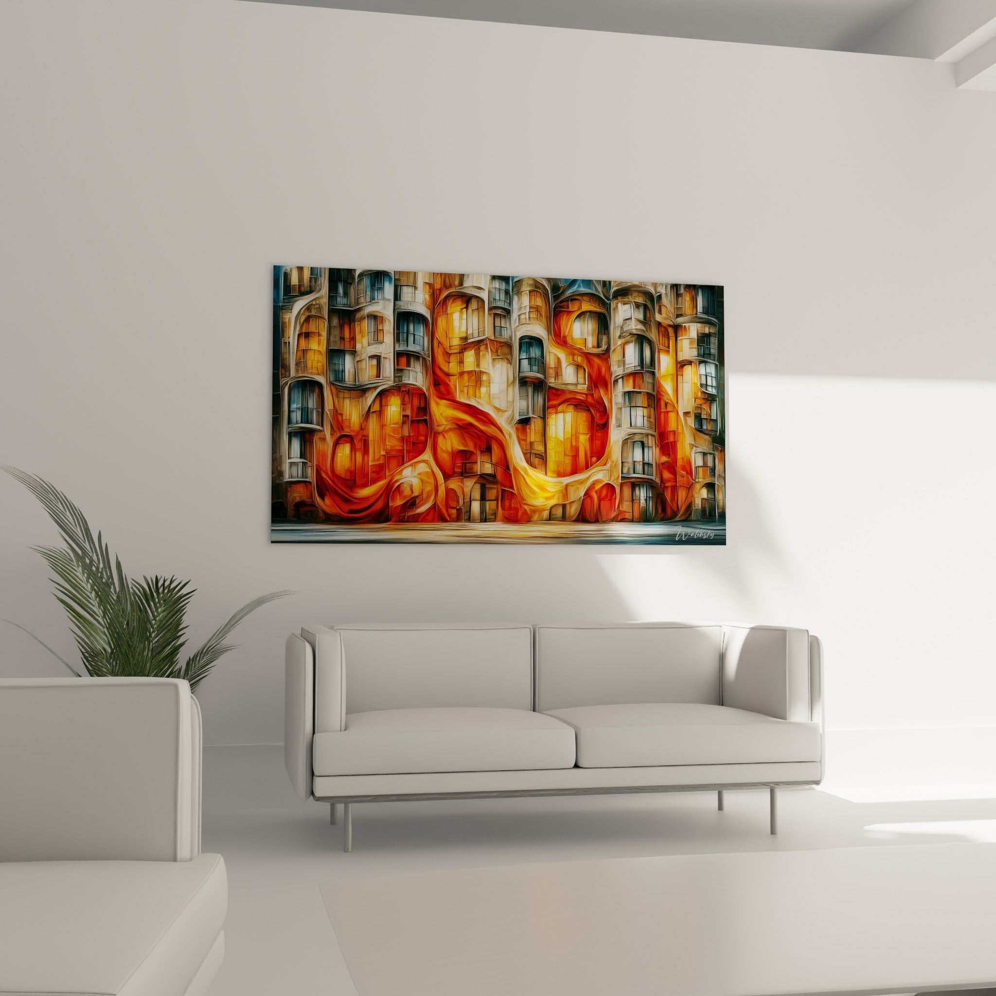 Bâtiments incandescents mêlant orange vif et bleu gris, disposés au-dessus d'un canapé dans un salon lumineux