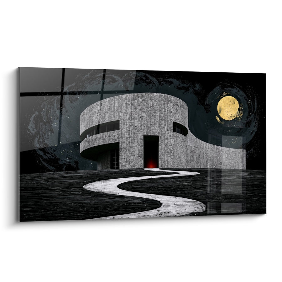 Tableau Bâtisse ronde grise et noire au chemin sinueux - Appel nocturne - Edition Architecture abstrait