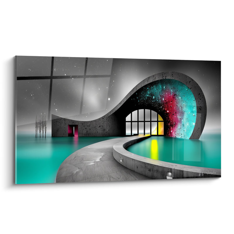 Passerelle Curved Gray and Turquoise on Embedded Galaxy - Pink Door Slightly Open - Abstract Architecture Edition