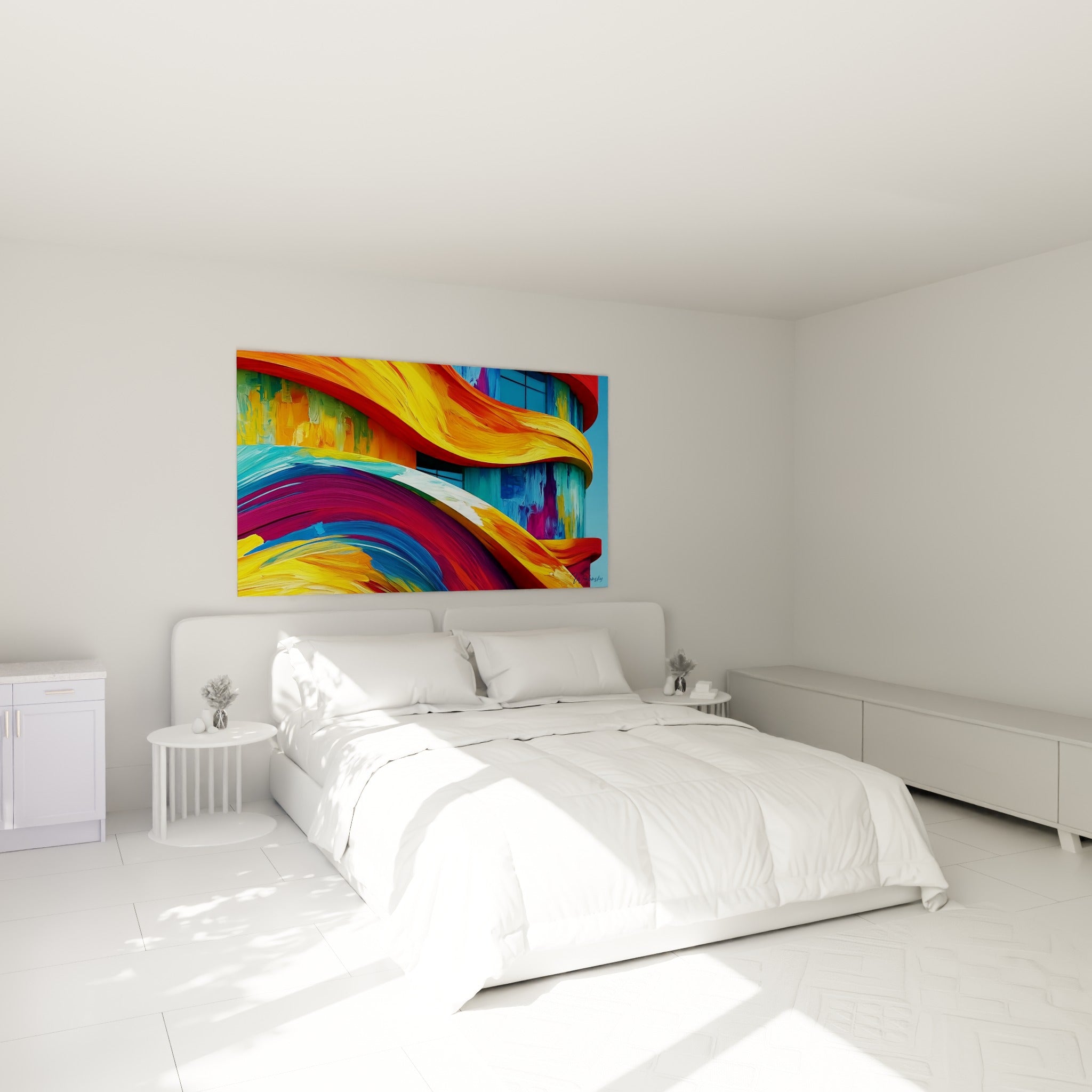 Vague picturale bleu marine et jaune ornant une façade abstraite au-dessus d'un lit dans une chambre claire
