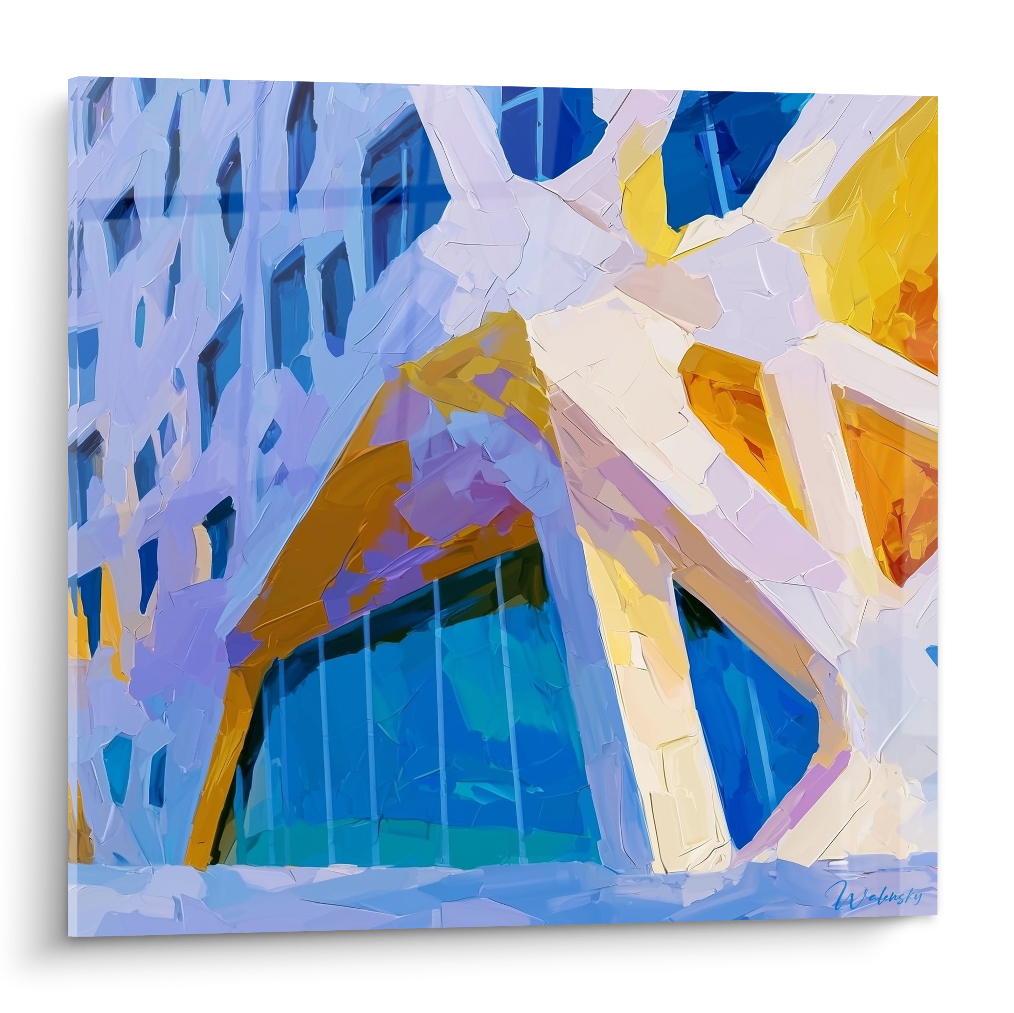 Façade géométrique bleu marine et doré, verrière turquoise centrale, style peinture au couteau