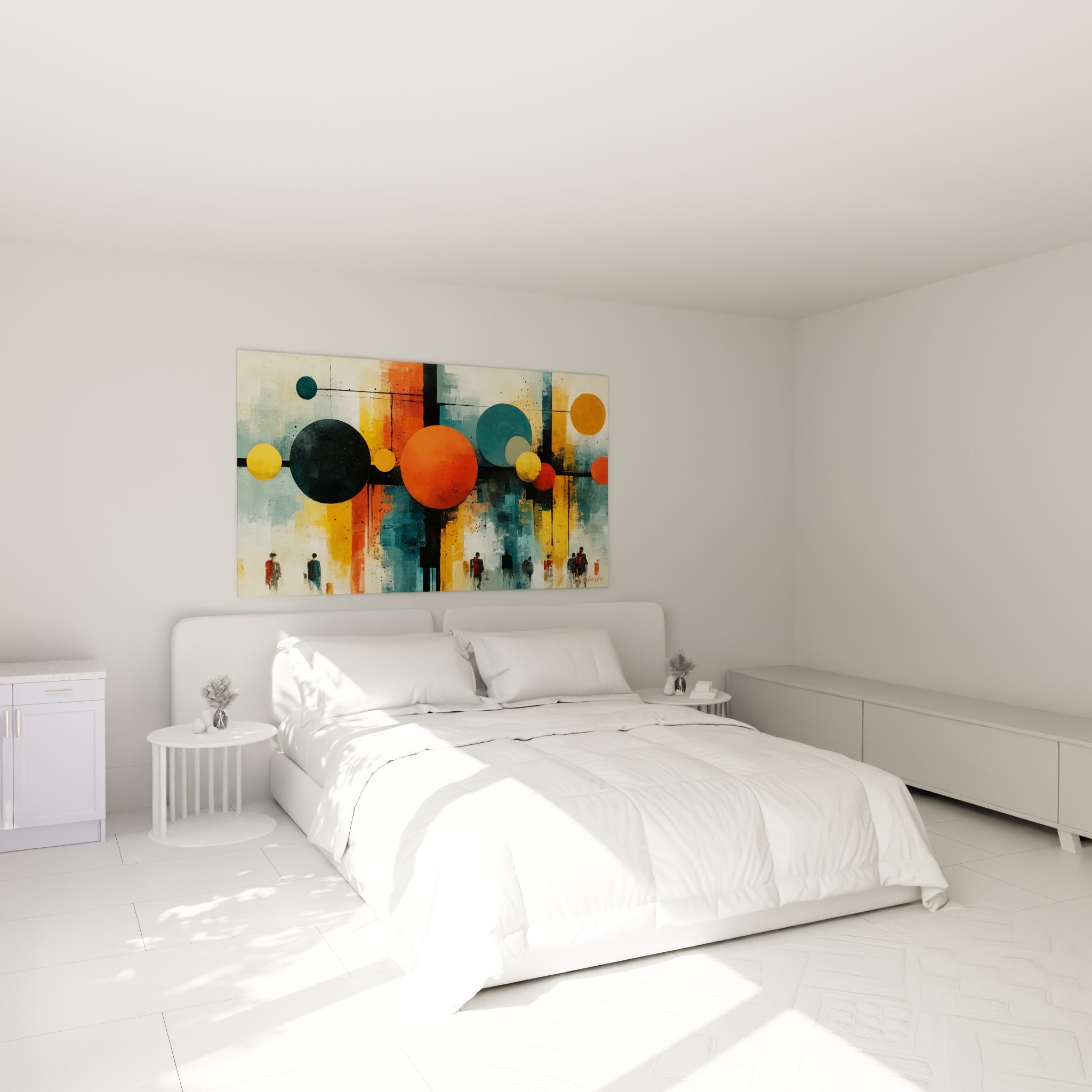 Formes rondes orange et bleu pétrole d'une architecture abstraite au-dessus d'un lit dans une chambre claire