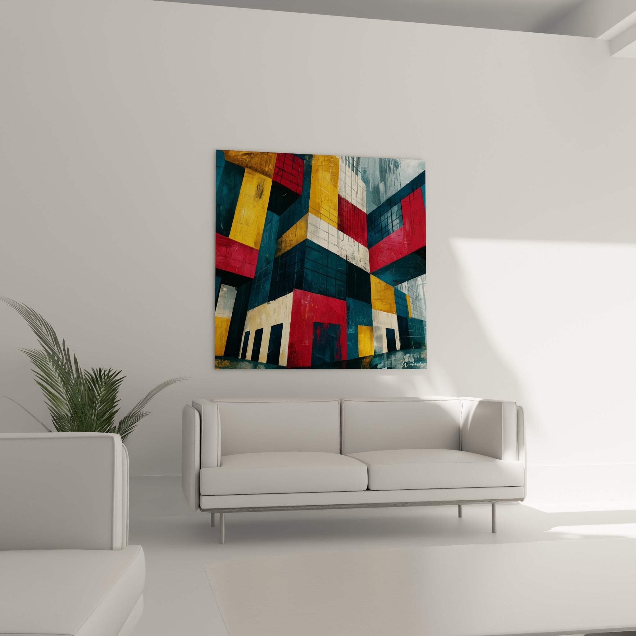Blocs colorés ocre doré et bleu marine de cet immeuble abstrait, au-dessus d'un canapé dans un salon lumineux