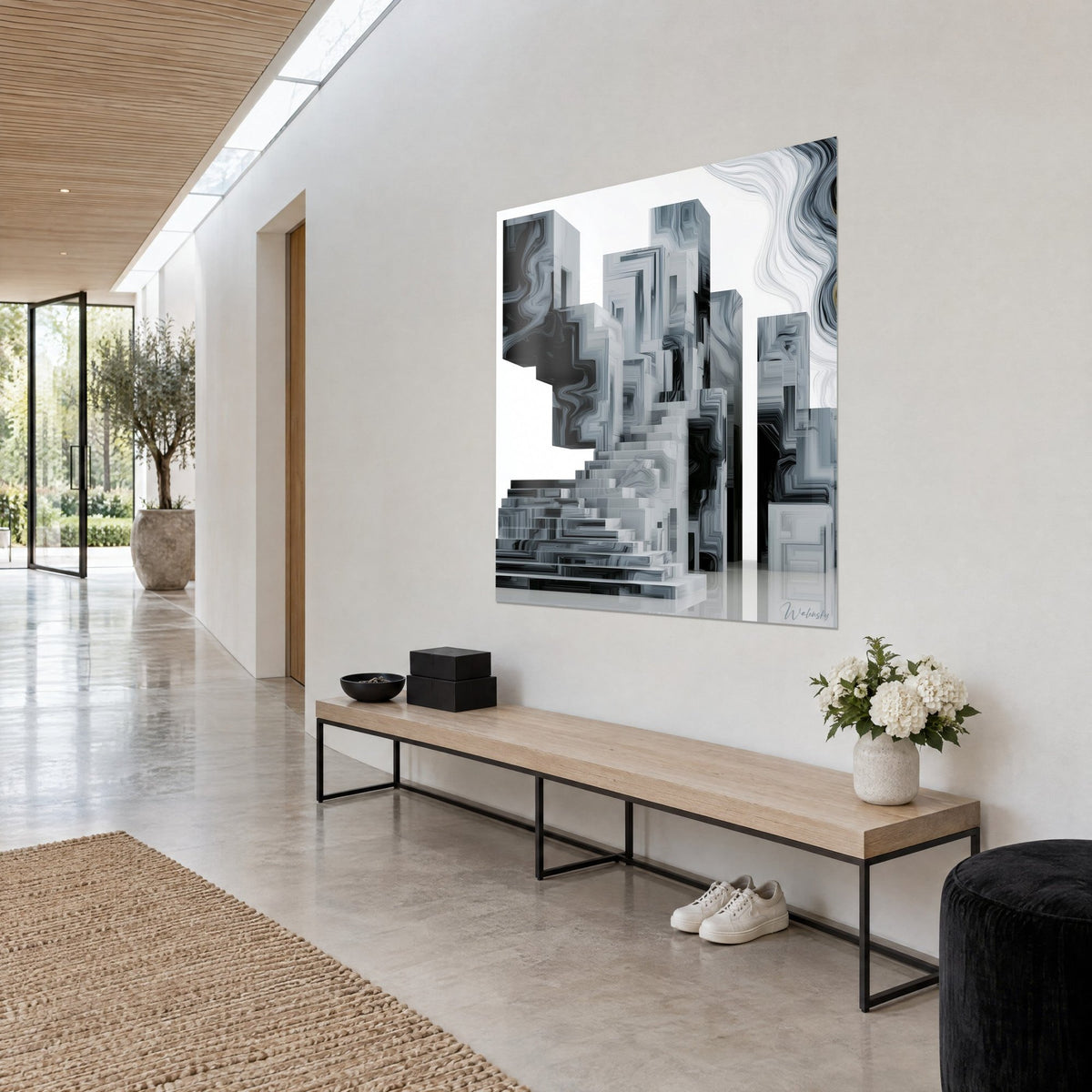 Tableau tours cubiques aux marbrures noires et gris perle, escalier en gradins, sur un mur blanc, couloir de trois-quarts