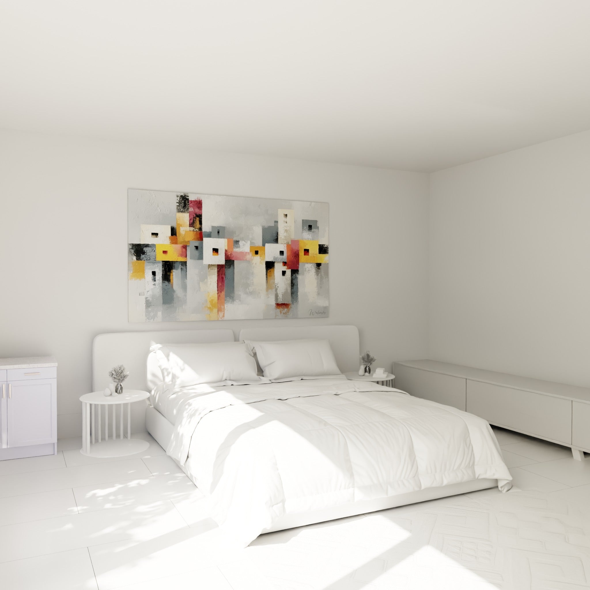 Volumes géométriques blancs et bordeaux d'une architecture abstraite au-dessus d'un lit dans une chambre claire