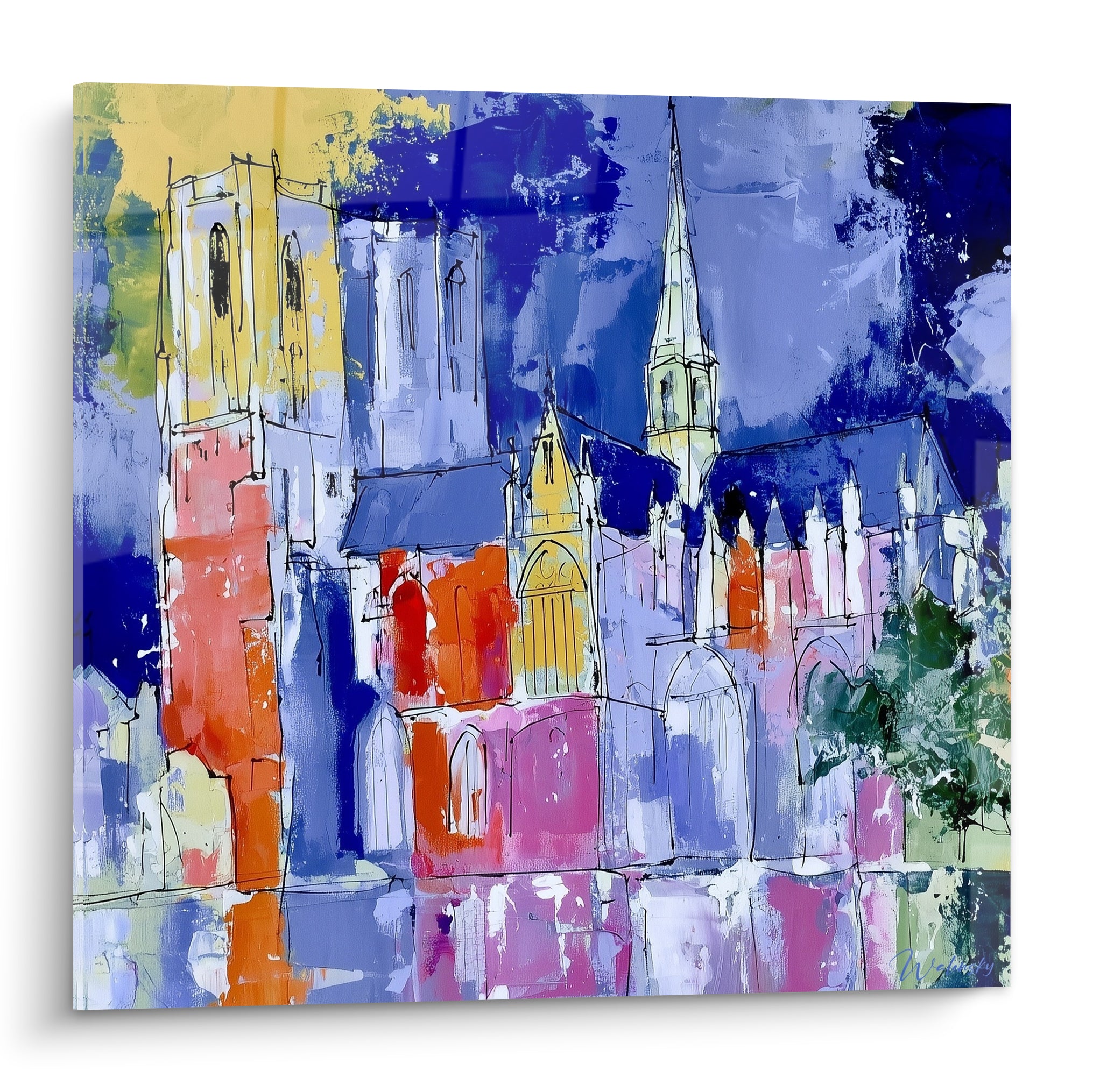 Cathédrale peinte en bleu marine, rose fuchsia et jaune doré, façades gothiques esquissées au trait noir