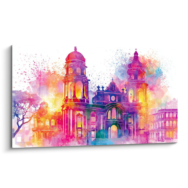 Cathedral Pink and Gold Splatter Painting - Urban Celestial Radiance - Abstract Architecture Edition