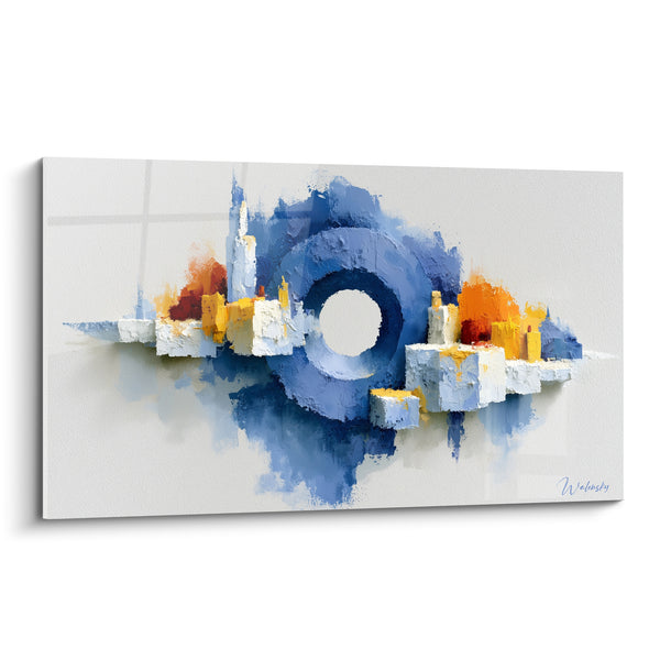 Cuadro Anillo azul y blanco sobre ciudad en miniatura - Halo circular flotante - Edición Arquitectura abstracta