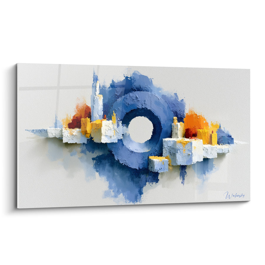 Gemälde Blau-Weißer Ring auf Miniaturstadt - Schwebender Halo – Architektur Edition Abstrakte Kunst
