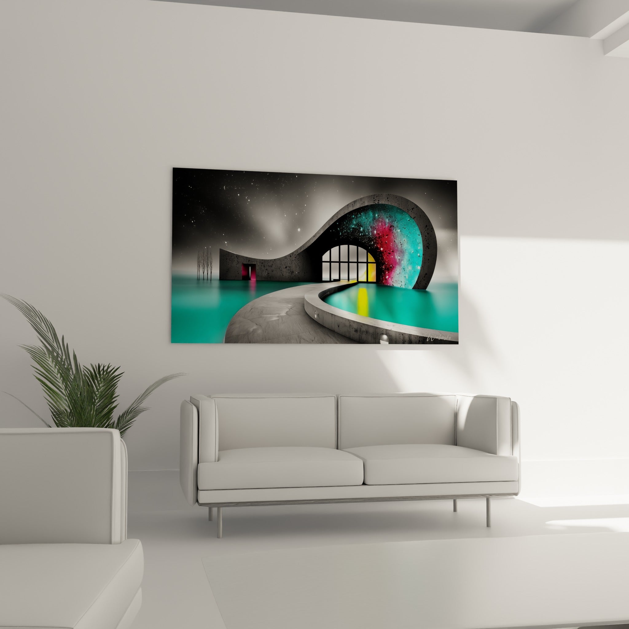 Chemin de béton courbé sur eau turquoise et magenta au-dessus d'un canapé dans un salon lumineux
