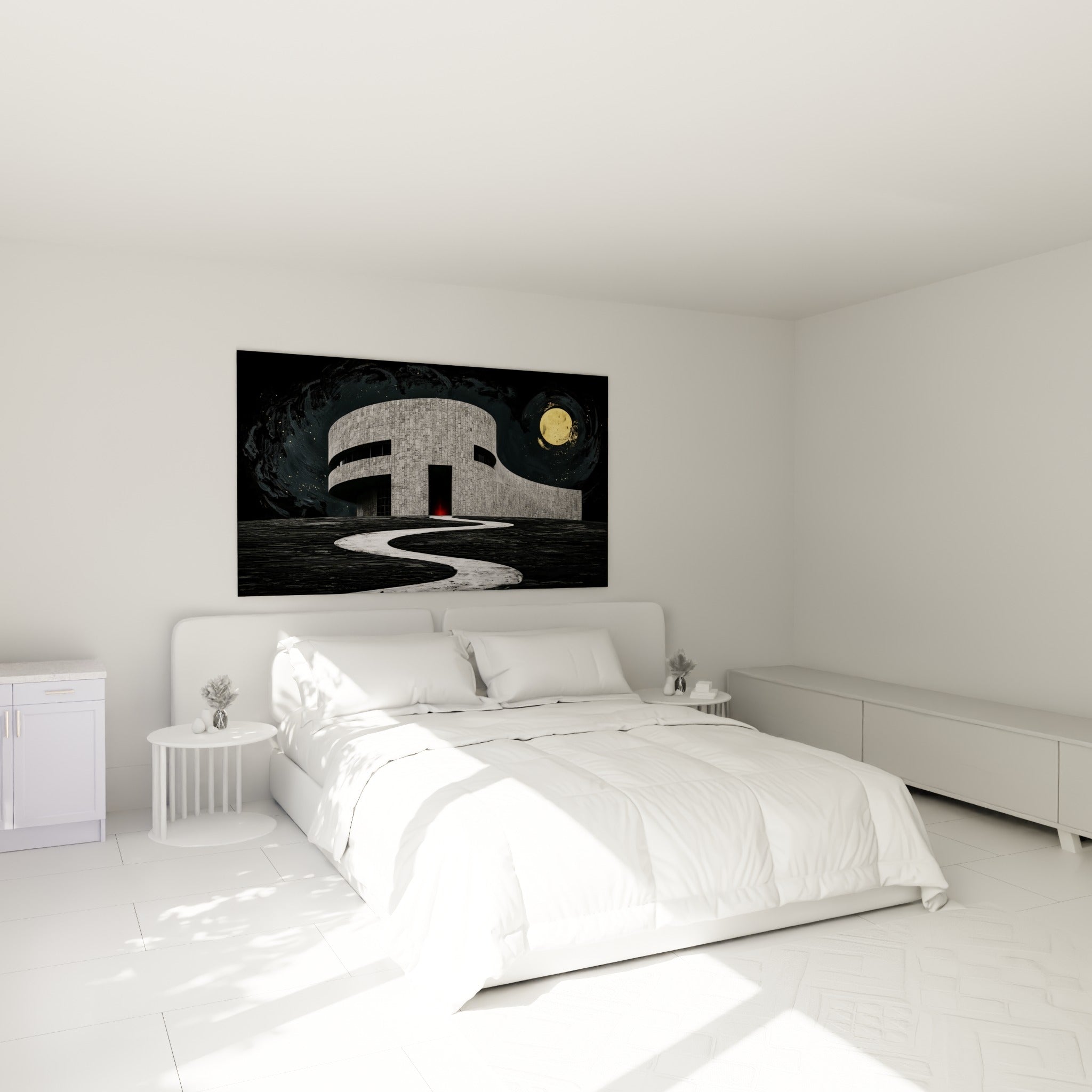 Construction circulaire grise et chemin blanc sinueux au-dessus d'un lit dans une chambre claire
