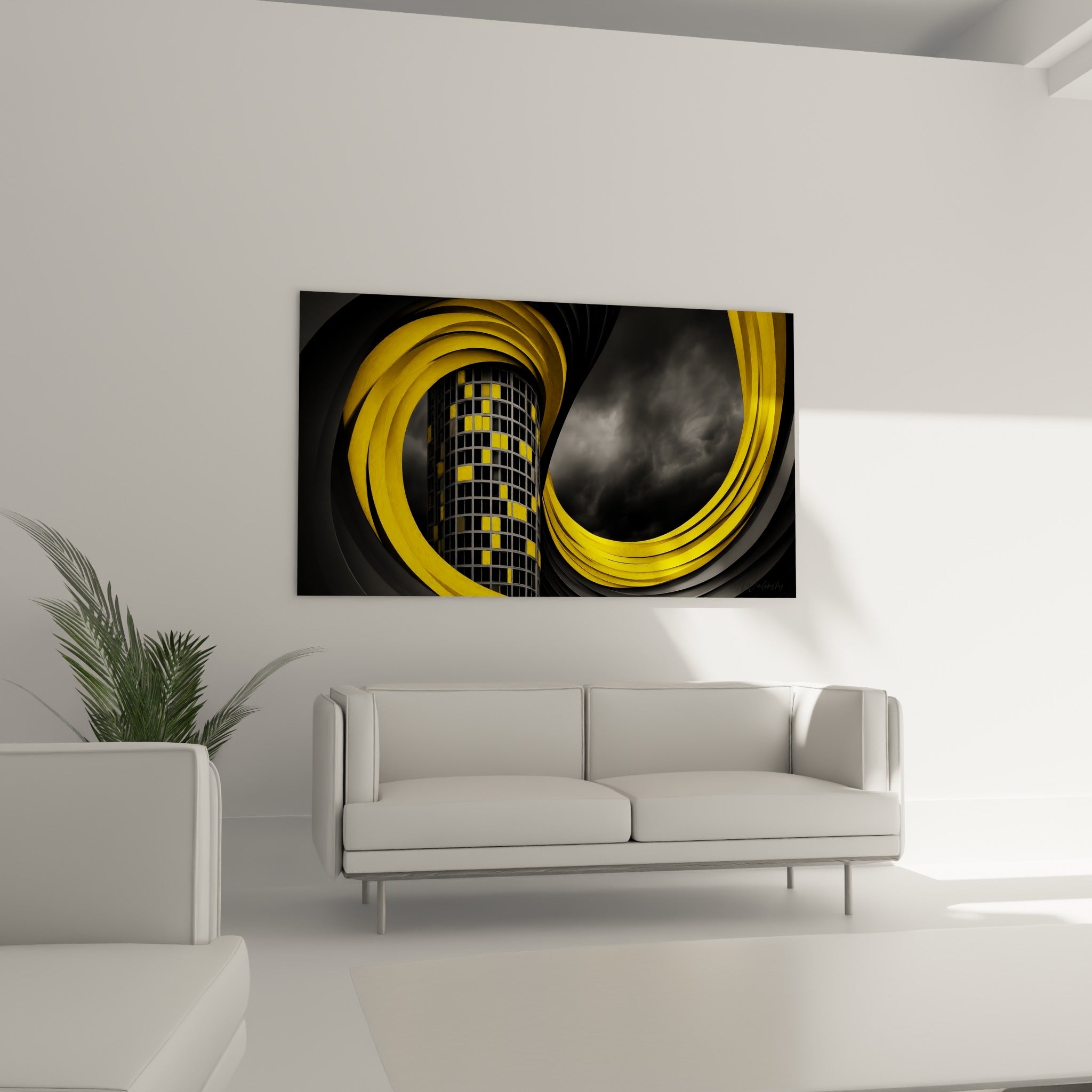 Immeuble tourbillonnant jaune et noir, tableau architecture abstraite au-dessus d'un canapé dans un salon lumineux