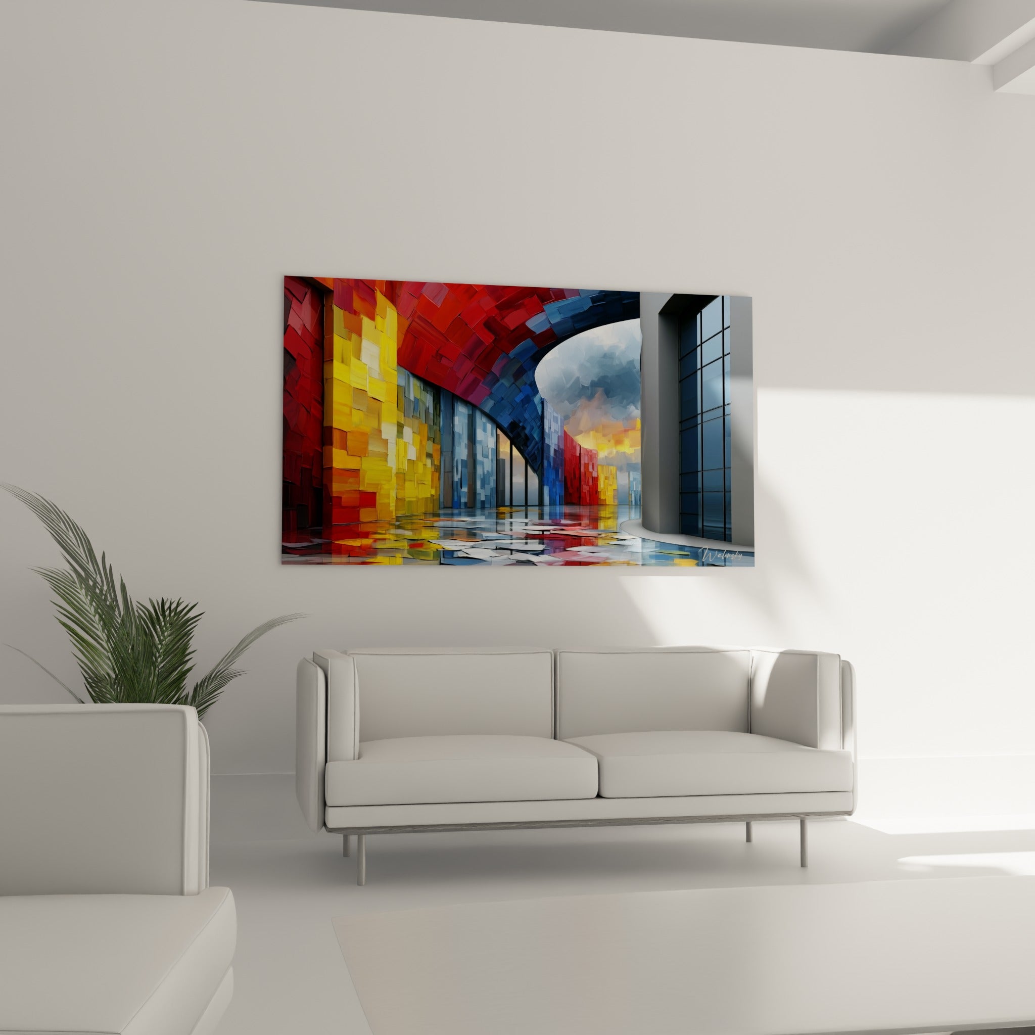 Perspective bleu marine et rouge d'une arche urbaine, au-dessus d'un canapé dans un salon lumineux