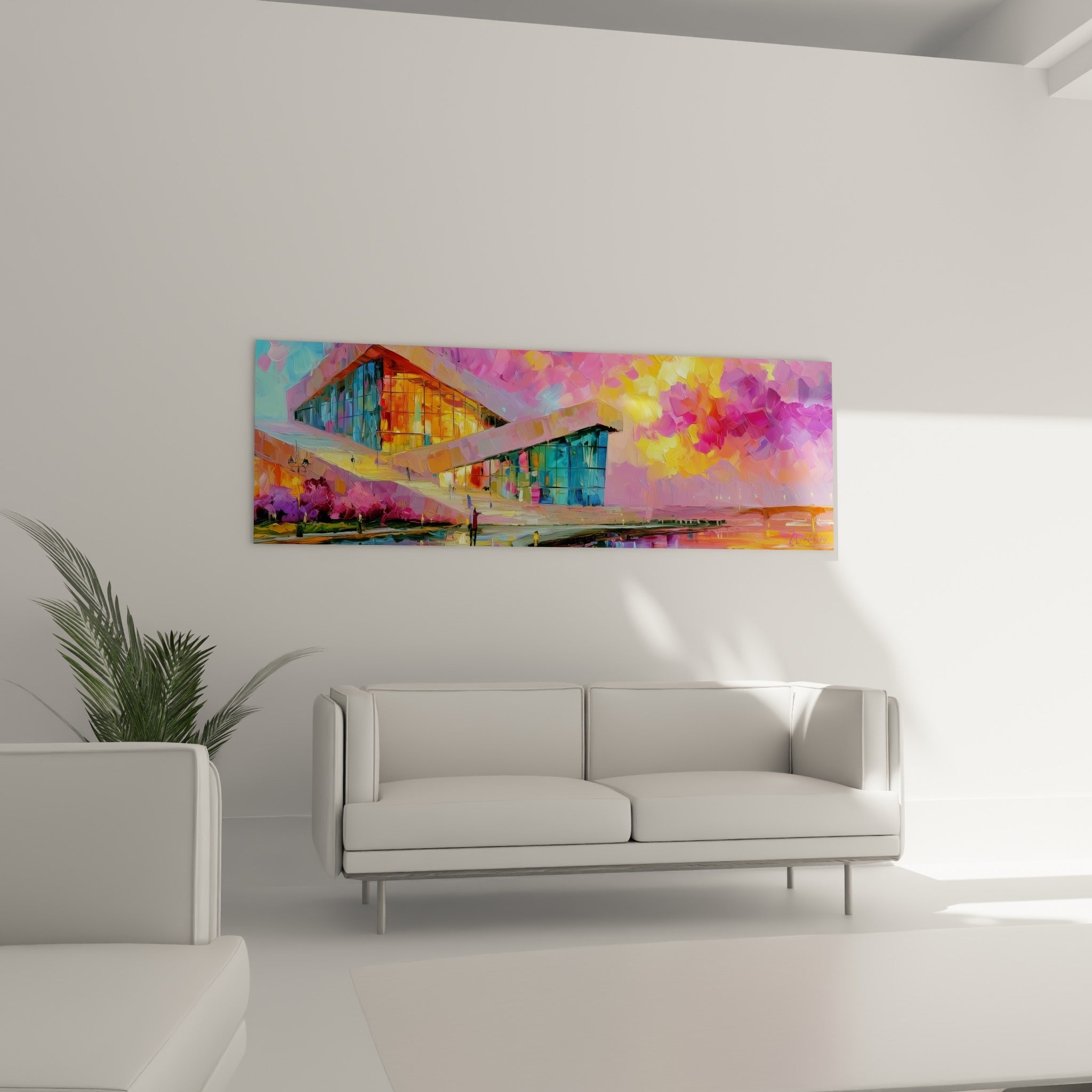 Structure architecturale violette et orangée, ciel embrasé, au-dessus d'un canapé dans un salon lumineux