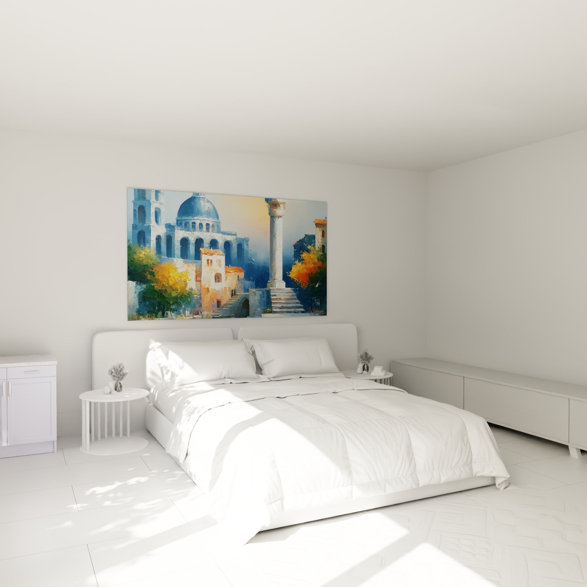 Cité méditerranéenne bleu et ocre peinte, au-dessus d'un lit dans une chambre claire